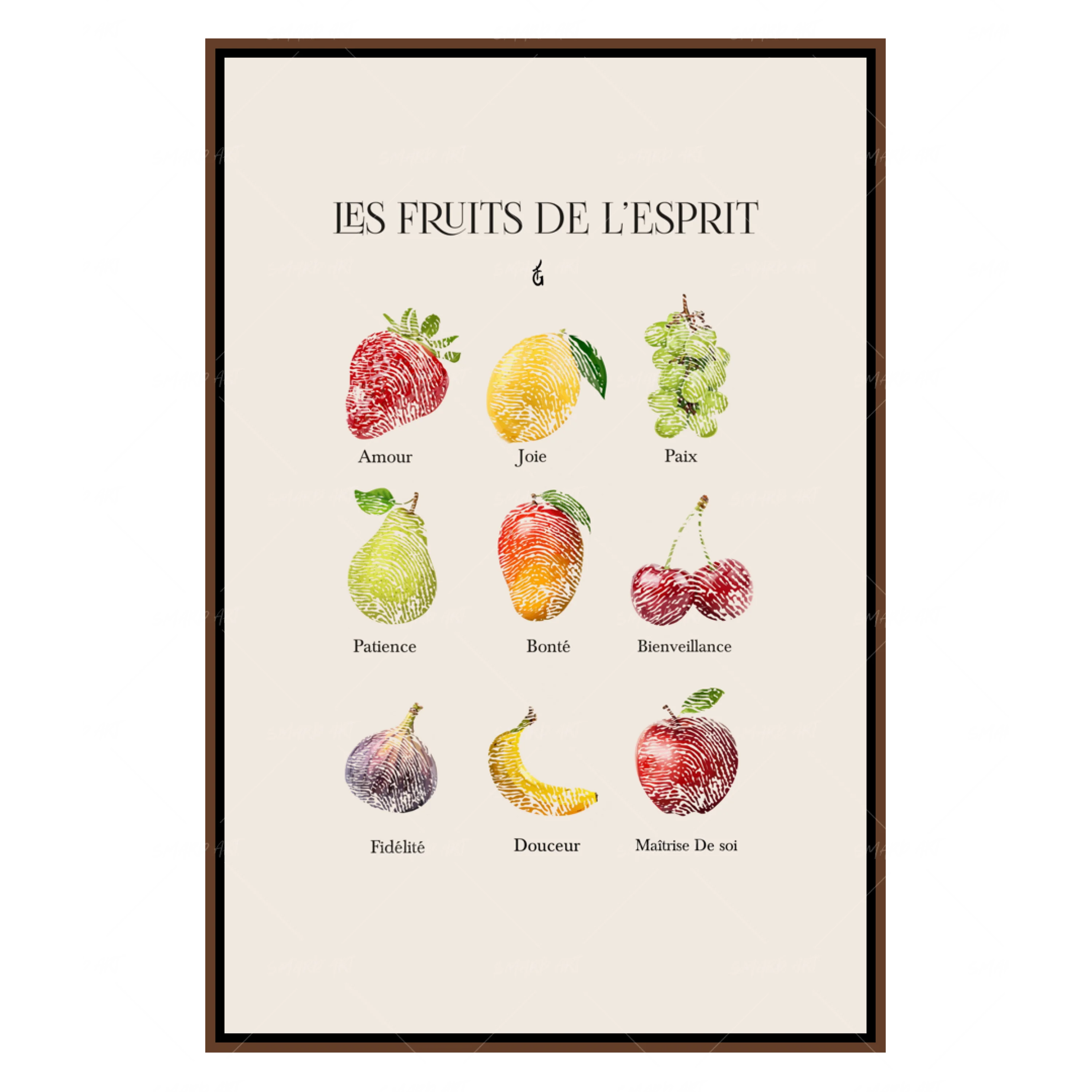 Les Fruits De l’Esprit-wall art print featuring decorative artistic design suitable for living rooms, offices, and schools by SmardArt. Elevate your space with Black wall art that speaks to culture, identity, and creativity. At Smard, we celebrate artistry made with melanin, bringing powerful and inspiring designs to life.