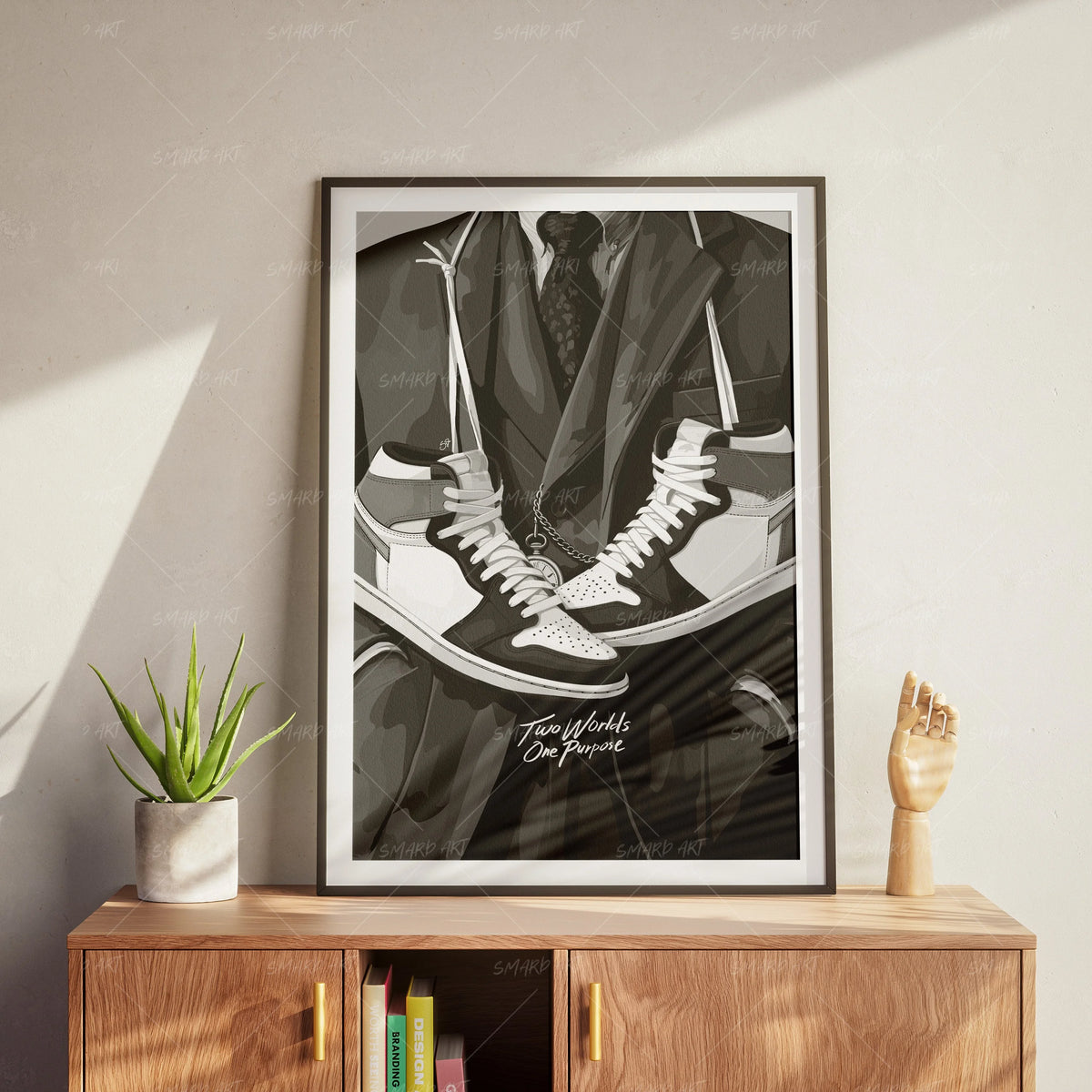 Two Worlds, One Purpose (B/W)-wall art print featuring decorative artistic design suitable for living rooms, offices, and schools by SmardArt. Elevate your space with Black wall art that speaks to culture, identity, and creativity. At Smard, we celebrate artistry made with melanin, bringing powerful and inspiring designs to life.
