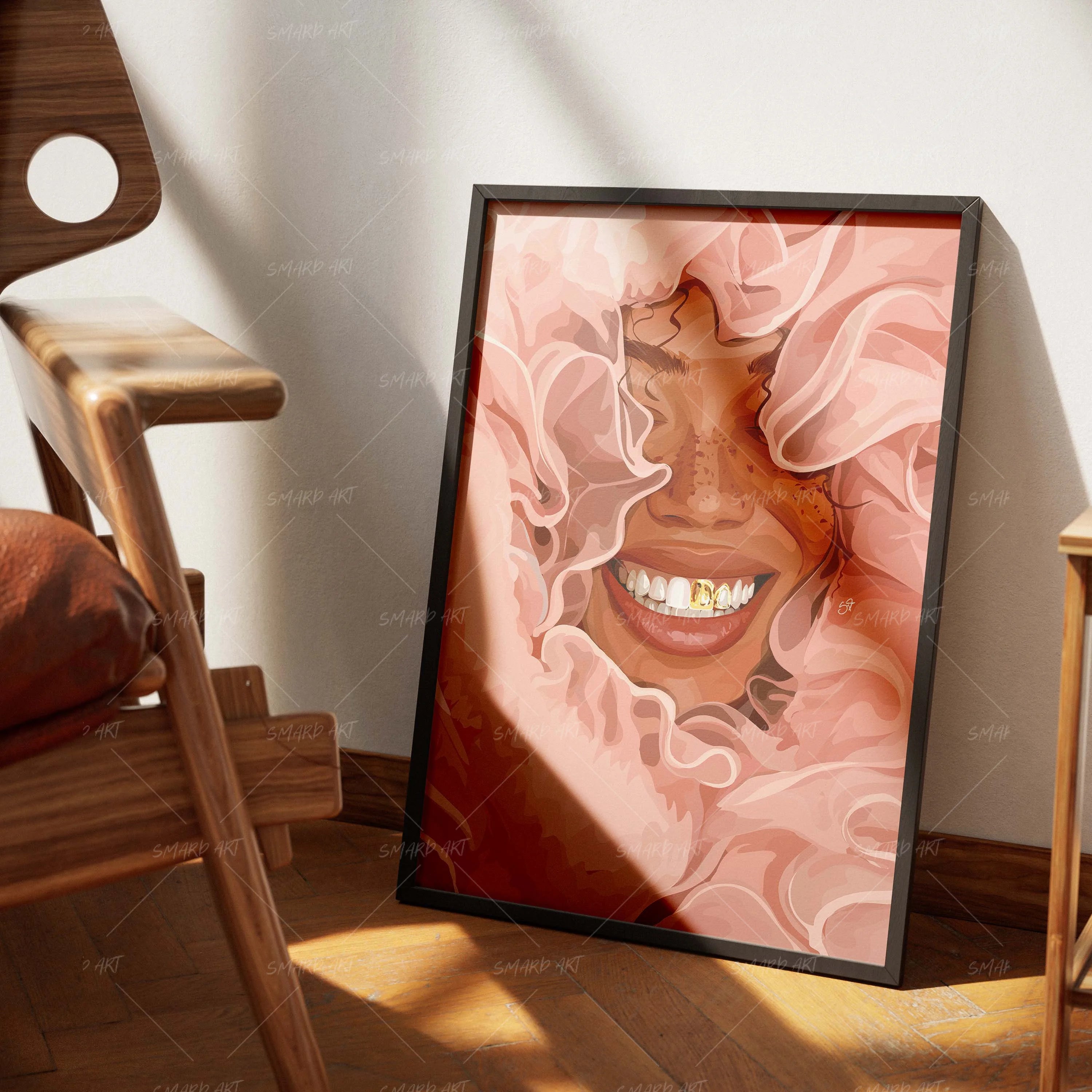 Under The Ruffles-wall art print featuring decorative artistic design suitable for living rooms, offices, and schools by SmardArt. Elevate your space with Black wall art that speaks to culture, identity, and creativity. At Smard, we celebrate artistry made with melanin, bringing powerful and inspiring designs to life.