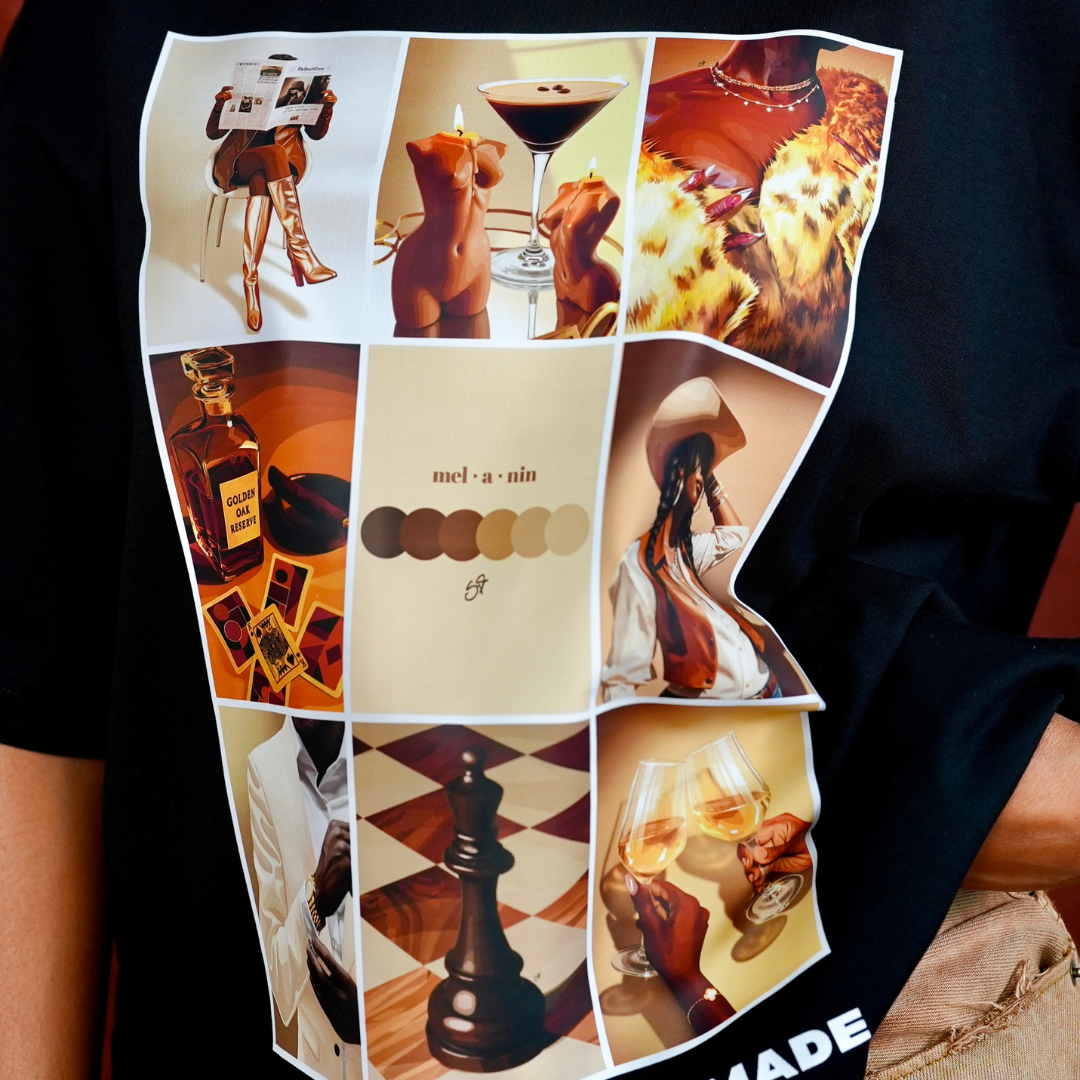 MM Collage Graphic Tee II-wall art print featuring decorative artistic design suitable for living rooms, offices, and schools by SmardArt. Elevate your space with Black wall art that speaks to culture, identity, and creativity. At Smard, we celebrate artistry made with melanin, bringing powerful and inspiring designs to life.