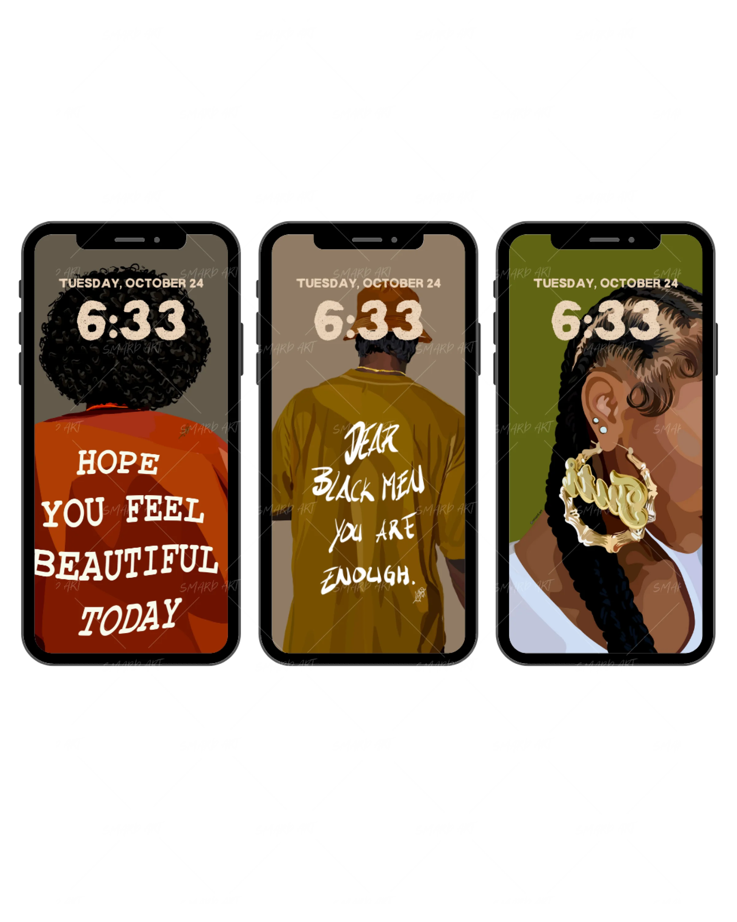 His and Hers Triple Pack - Phone Wallpaper-wall art print featuring decorative artistic design suitable for living rooms, offices, and schools by SmardArt. Elevate your space with Black wall art that speaks to culture, identity, and creativity. At Smard, we celebrate artistry made with melanin, bringing powerful and inspiring designs to life.