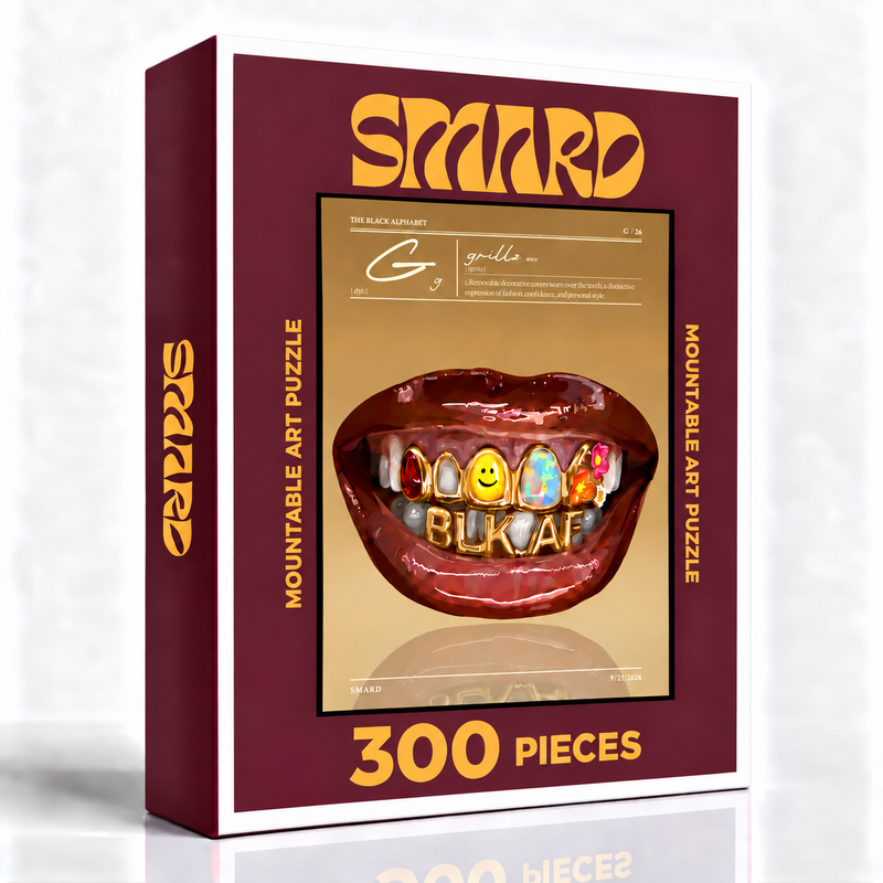 Wide Smiles Grillz Puzzle-wall art print featuring decorative artistic design suitable for living rooms, offices, and schools by SmardArt. Elevate your space with Black wall art that speaks to culture, identity, and creativity. At Smard, we celebrate artistry made with melanin, bringing powerful and inspiring designs to life.