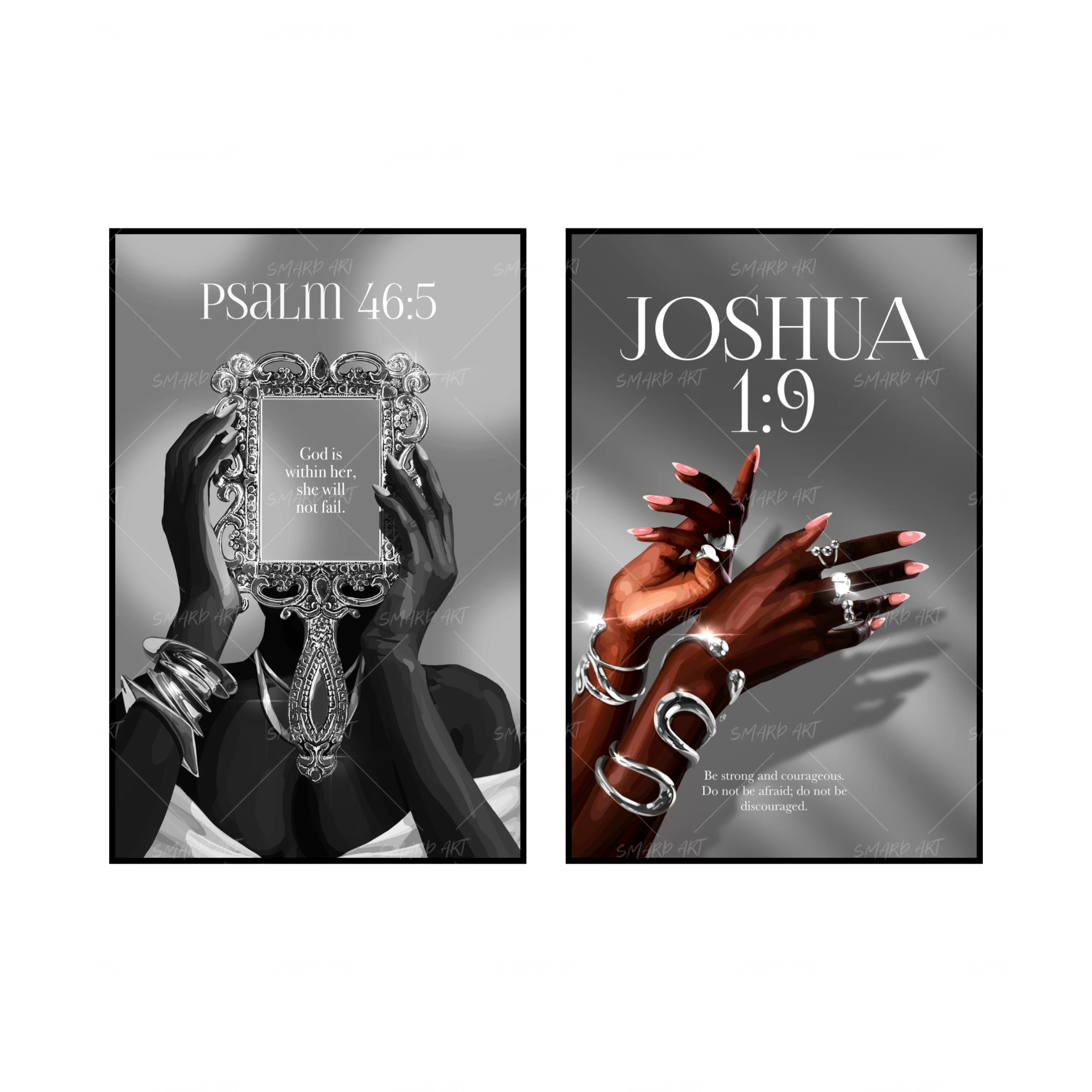 Art Print Bundle : Psalm 46:5 + Joshua 1:9-wall art print featuring decorative artistic design suitable for living rooms, offices, and schools by SmardArt. Elevate your space with Black wall art that speaks to culture, identity, and creativity. At Smard, we celebrate artistry made with melanin, bringing powerful and inspiring designs to life.
