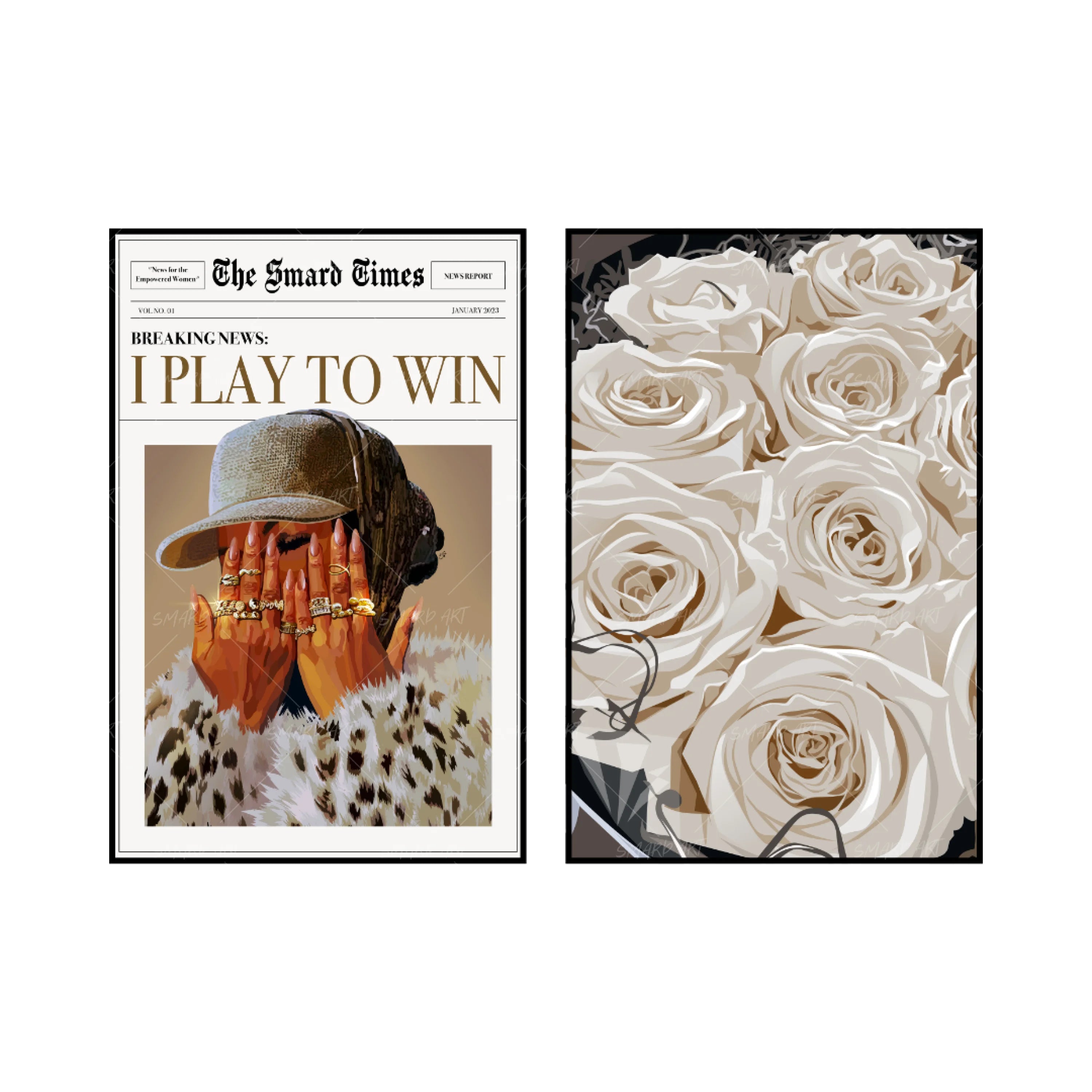 Art Print Bundle : I Play To Win + White Roses-wall art print featuring decorative artistic design suitable for living rooms, offices, and schools by SmardArt. Elevate your space with Black wall art that speaks to culture, identity, and creativity. At Smard, we celebrate artistry made with melanin, bringing powerful and inspiring designs to life.