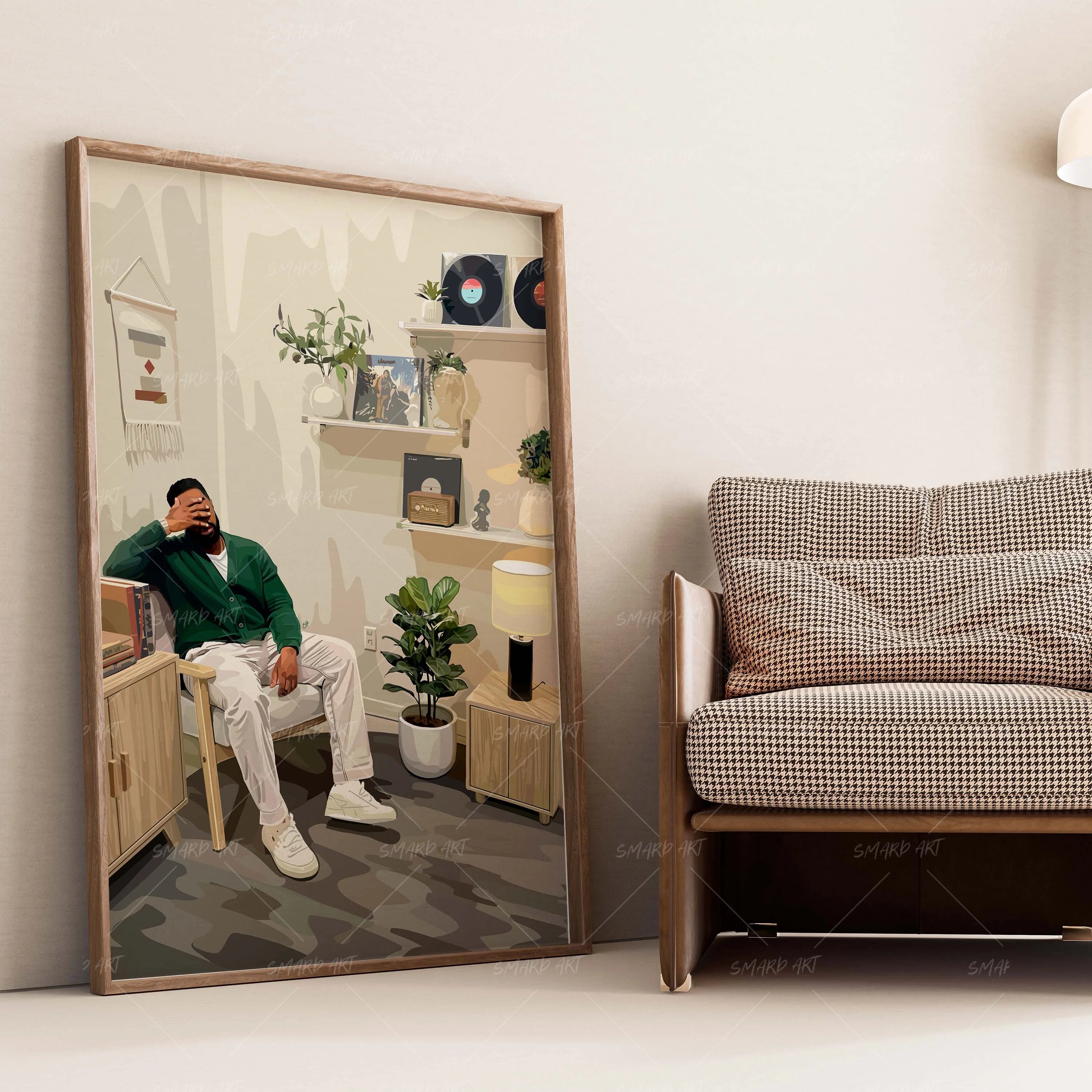 Green Cardigan-wall art print featuring decorative artistic design suitable for living rooms, offices, and schools by SmardArt. Elevate your space with Black wall art that speaks to culture, identity, and creativity. At Smard, we celebrate artistry made with melanin, bringing powerful and inspiring designs to life.