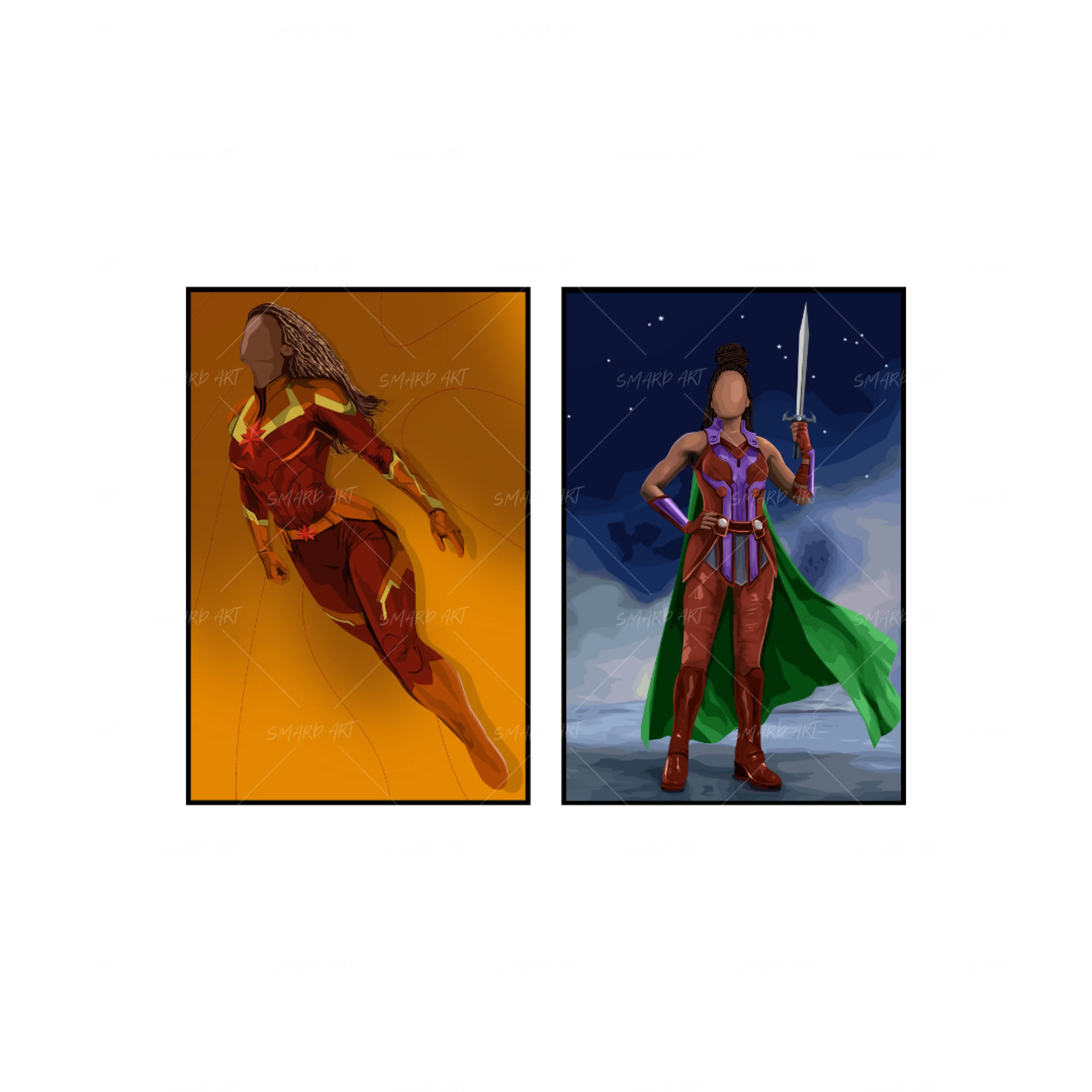 Art Print Bundle : Captain Blaze + The Galaxy Warrior-wall art print featuring decorative artistic design suitable for living rooms, offices, and schools by SmardArt. Elevate your space with Black wall art that speaks to culture, identity, and creativity. At Smard, we celebrate artistry made with melanin, bringing powerful and inspiring designs to life.
