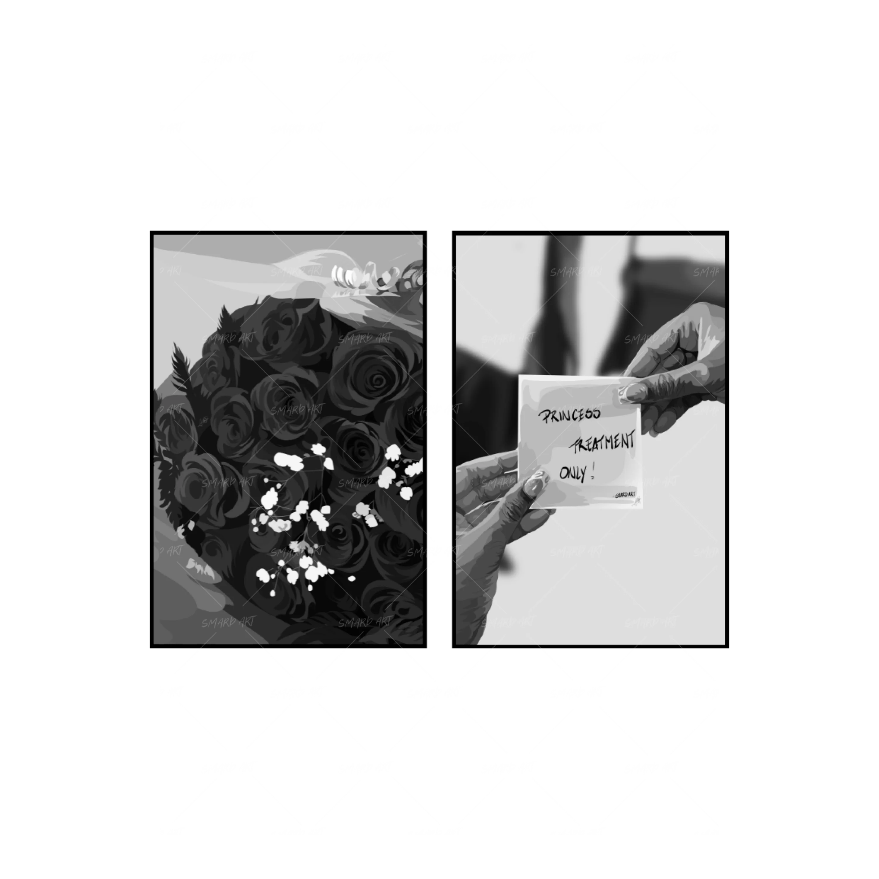 Art Print Bundle : Red Roses B&W + Princess Treatment Quote B&W