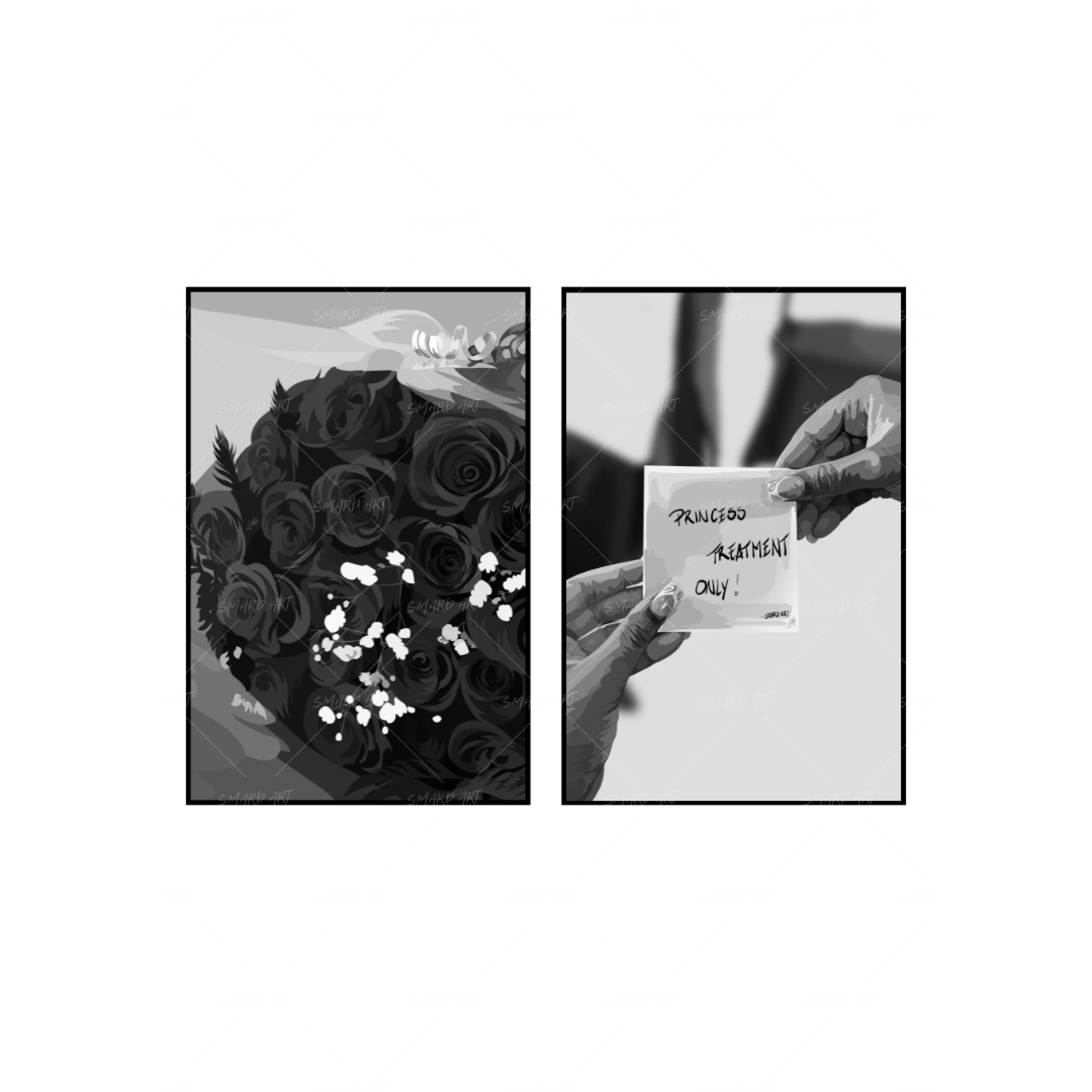 Art Print Bundle : Red Roses B&W + Princess Treatment Quote B&W