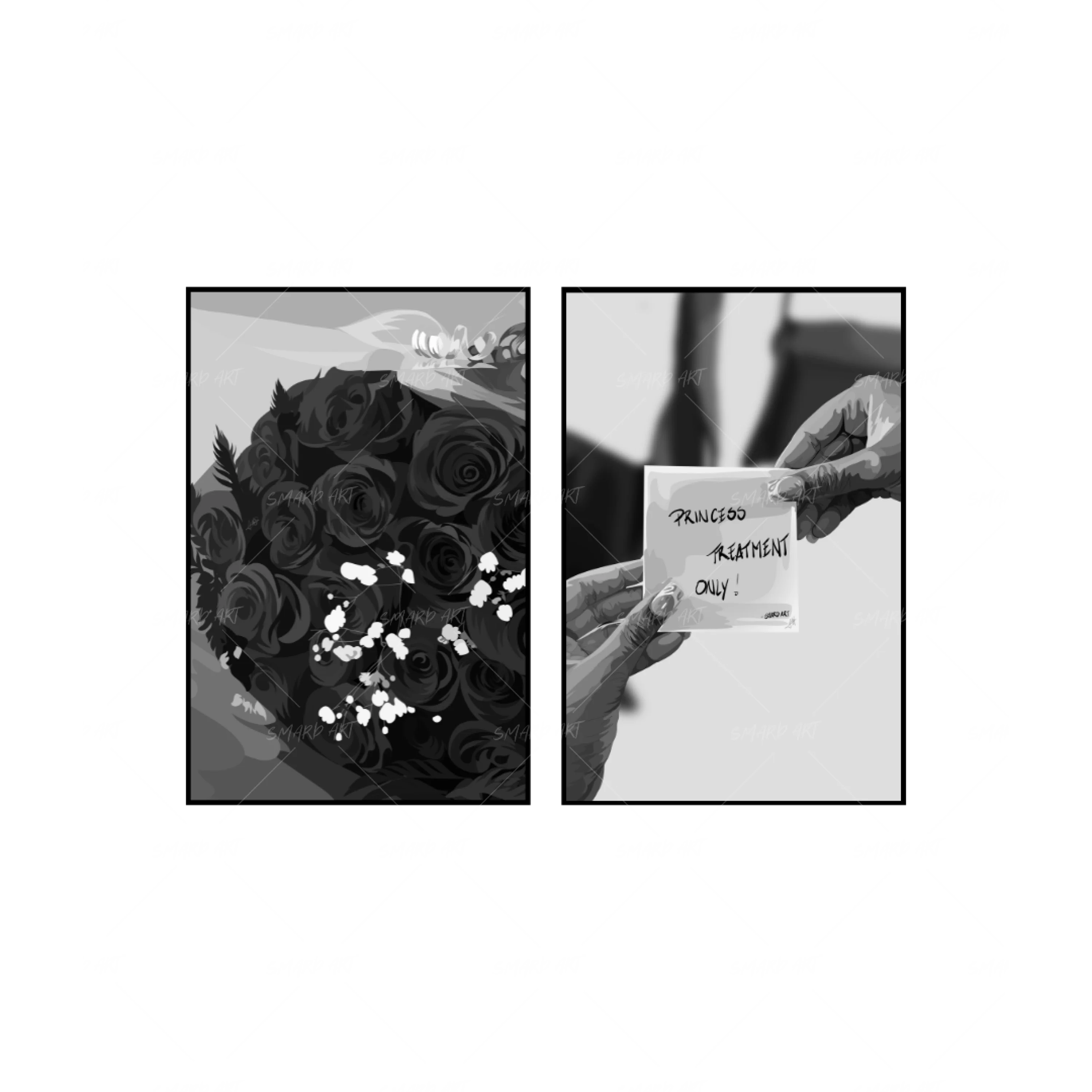 Art Print Bundle : Red Roses B&W + Princess Treatment Quote B&W-wall art print featuring decorative artistic design suitable for living rooms, offices, and schools by SmardArt. Elevate your space with Black wall art that speaks to culture, identity, and creativity. At Smard, we celebrate artistry made with melanin, bringing powerful and inspiring designs to life.