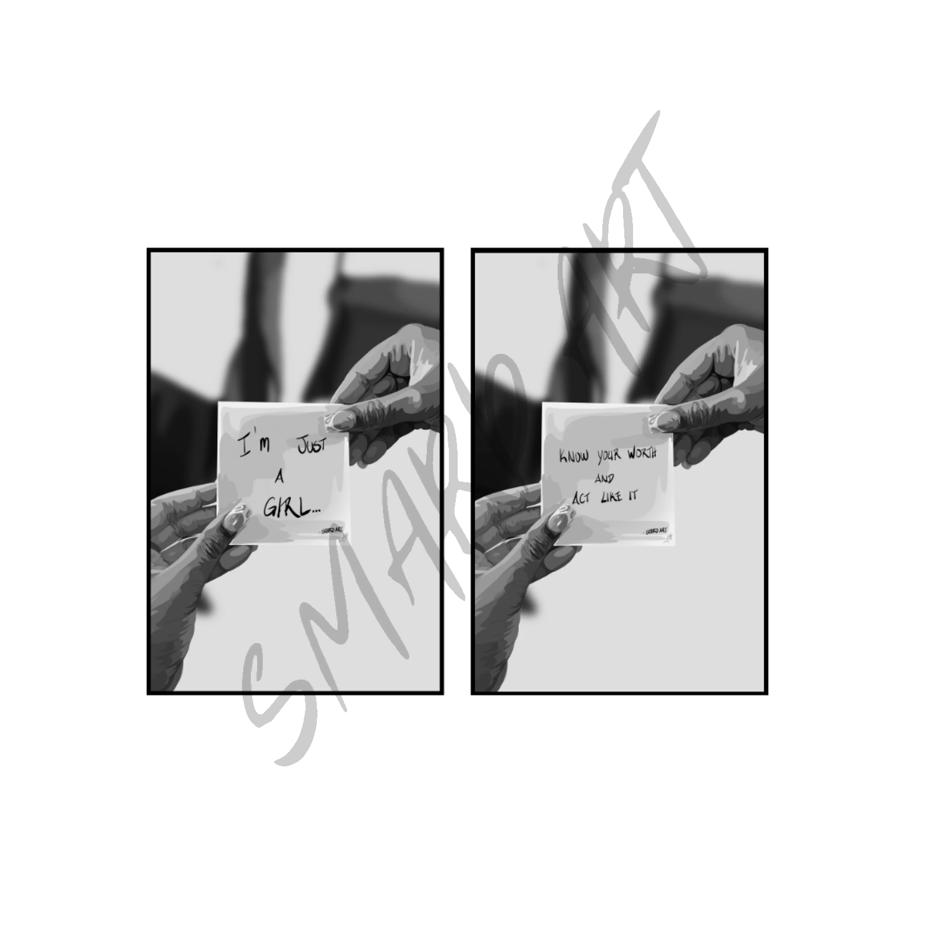 Art Print Bundle : I'm Just A Girl B&W + Know Your Worth Quote B&W-wall art print featuring decorative artistic design suitable for living rooms, offices, and schools by SmardArt. Elevate your space with Black wall art that speaks to culture, identity, and creativity. At Smard, we celebrate artistry made with melanin, bringing powerful and inspiring designs to life.