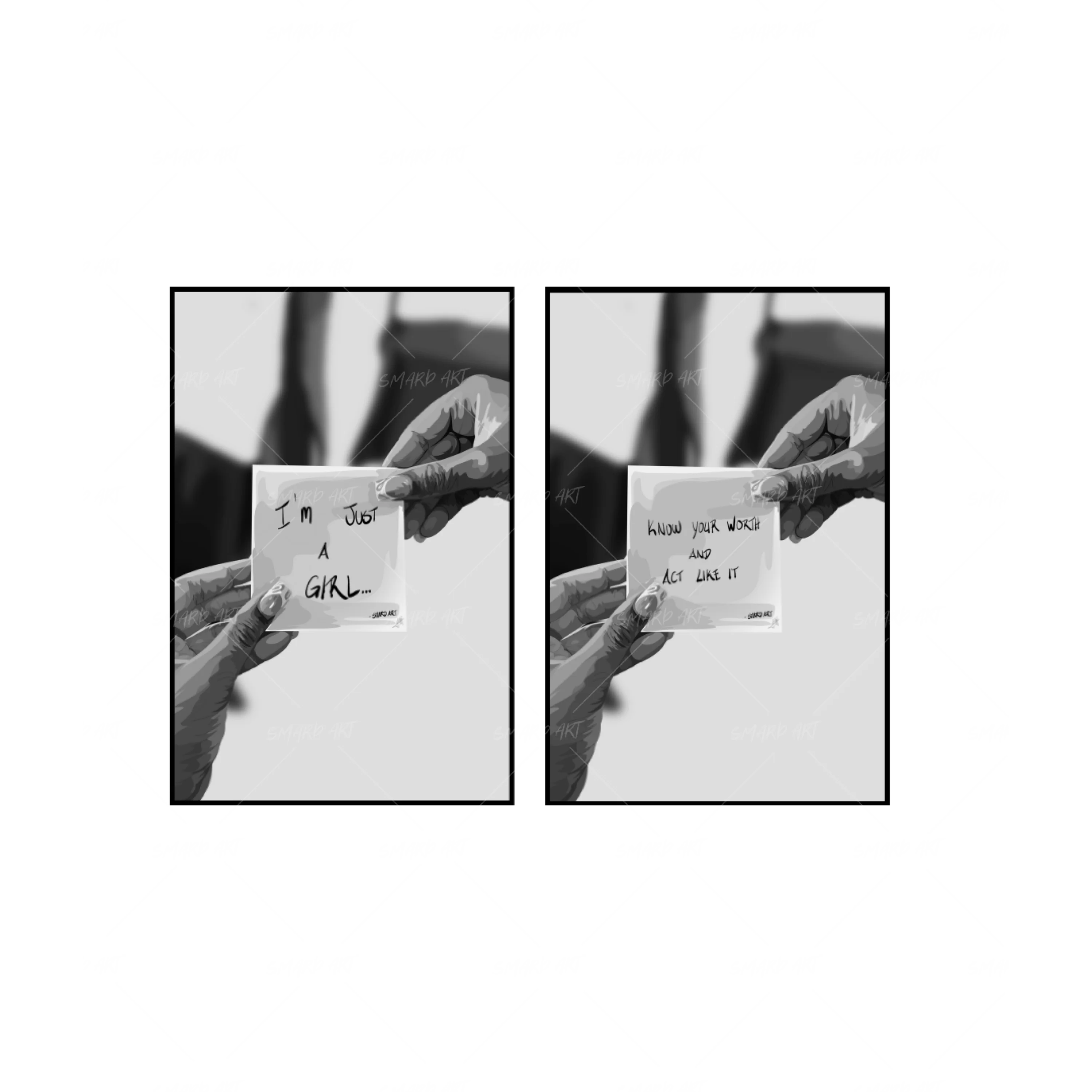 Art Print Bundle : I'm Just A Girl B&W + Know Your Worth Quote B&W-wall art print featuring decorative artistic design suitable for living rooms, offices, and schools by SmardArt. Elevate your space with Black wall art that speaks to culture, identity, and creativity. At Smard, we celebrate artistry made with melanin, bringing powerful and inspiring designs to life.