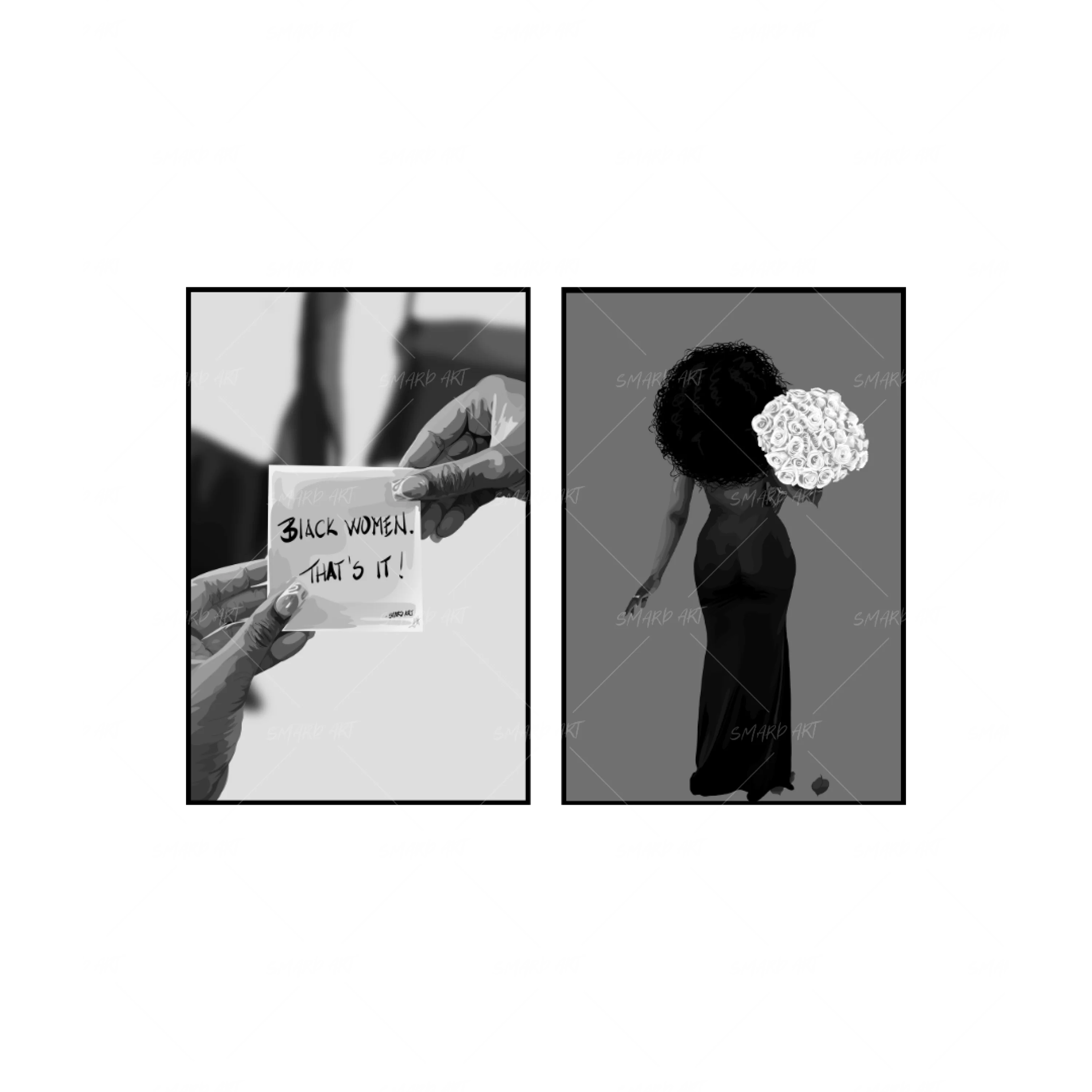 Art Print Bundle : Black Women Quote B&W + Afro n Roses B&W-wall art print featuring decorative artistic design suitable for living rooms, offices, and schools by SmardArt. Elevate your space with Black wall art that speaks to culture, identity, and creativity. At Smard, we celebrate artistry made with melanin, bringing powerful and inspiring designs to life.