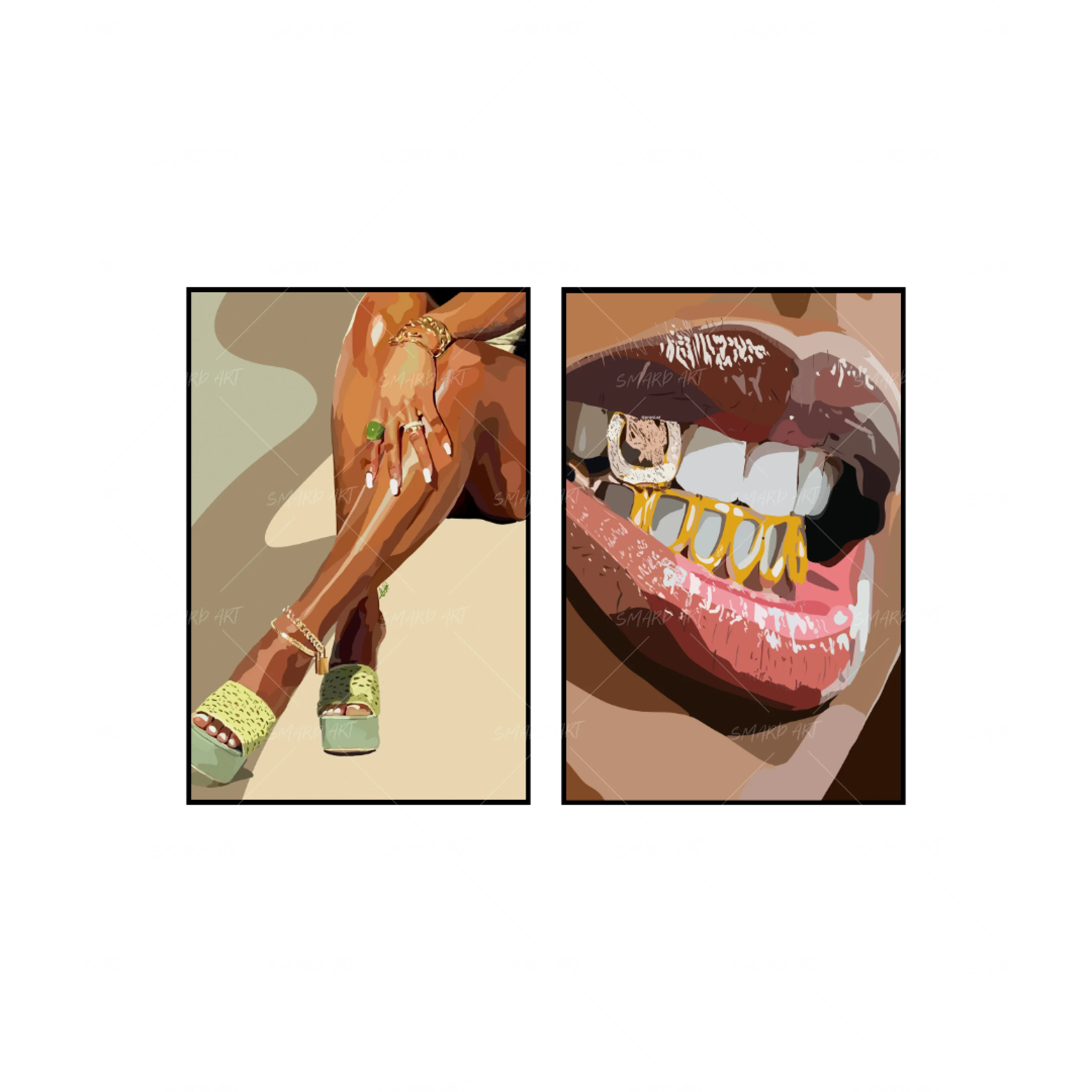 Art Print Bundle : Legs & Green Touch + Grillz II-wall art print featuring decorative artistic design suitable for living rooms, offices, and schools by SmardArt. Elevate your space with Black wall art that speaks to culture, identity, and creativity. At Smard, we celebrate artistry made with melanin, bringing powerful and inspiring designs to life.