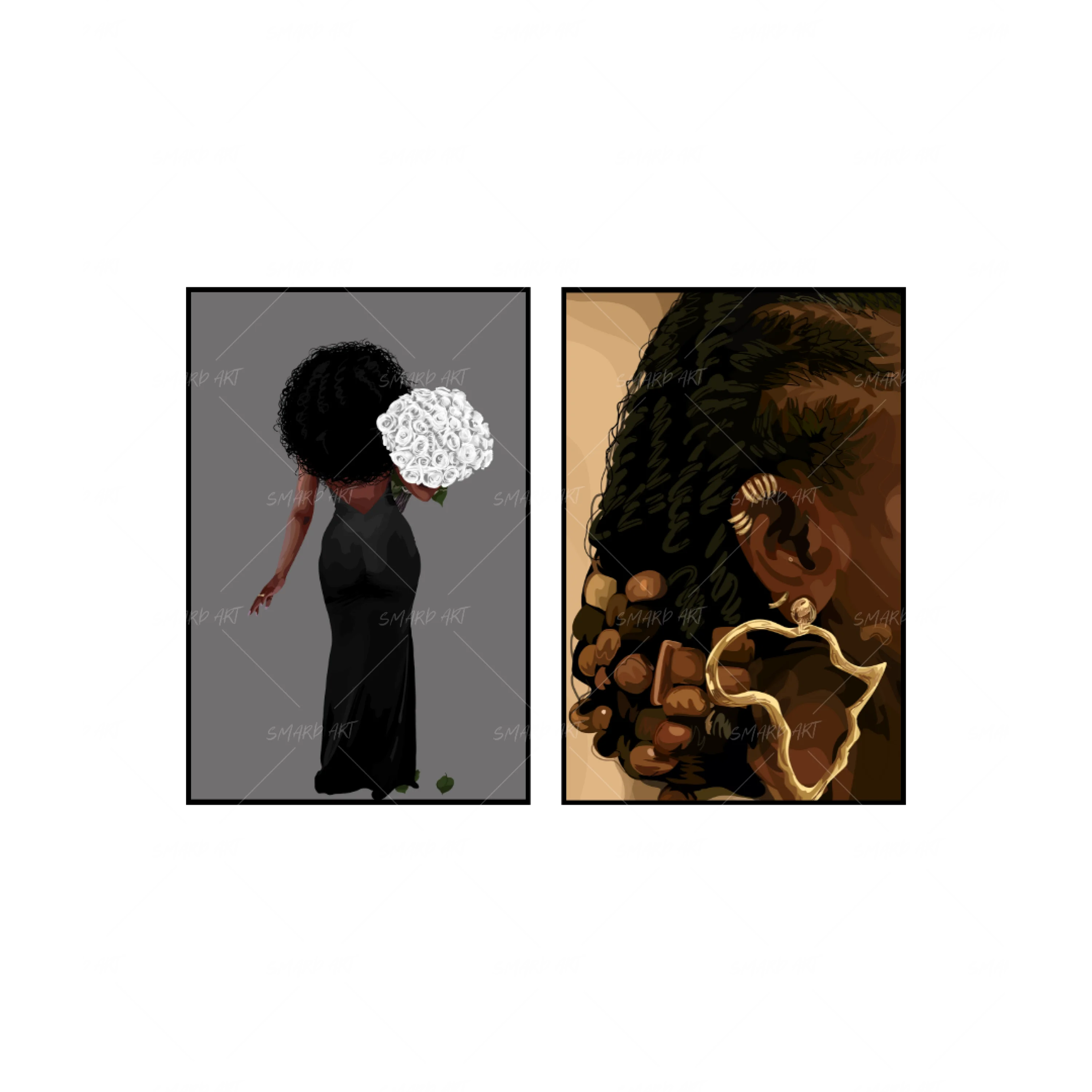 Art Print Bundle : Afro n Roses + African Beads-wall art print featuring decorative artistic design suitable for living rooms, offices, and schools by SmardArt. Elevate your space with Black wall art that speaks to culture, identity, and creativity. At Smard, we celebrate artistry made with melanin, bringing powerful and inspiring designs to life.