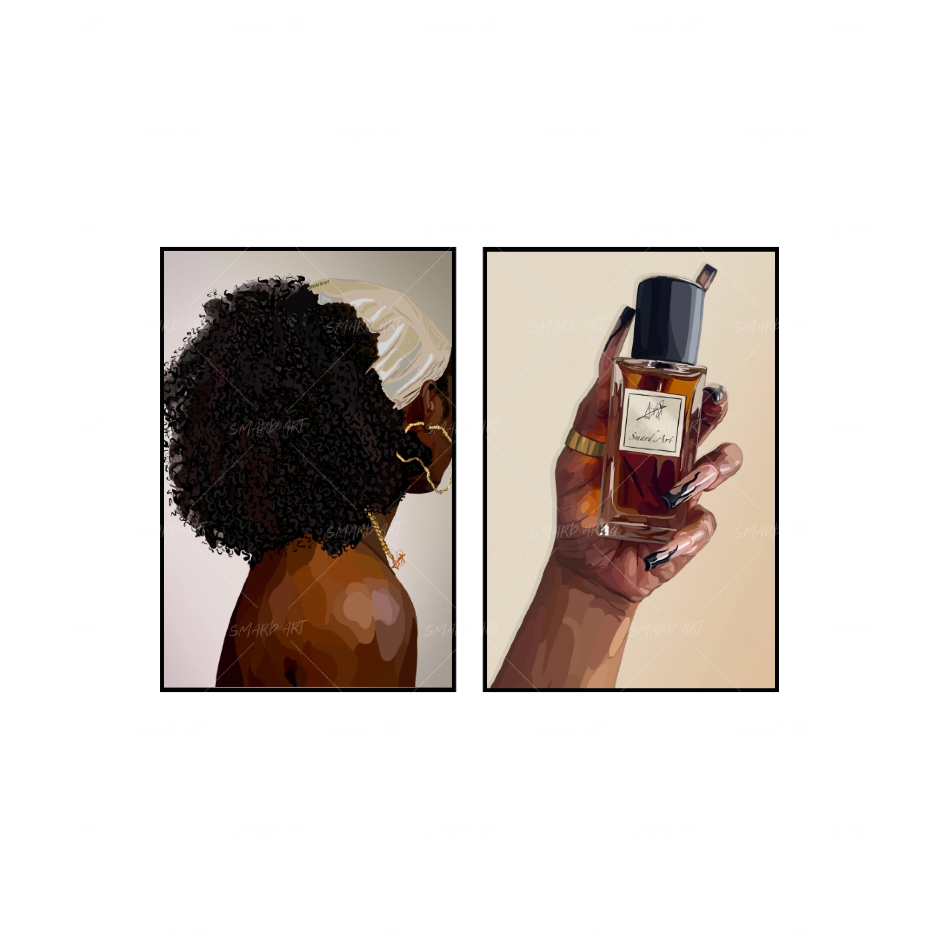 Art Print Bundle : Soft & Simple III + Smard Perfume-wall art print featuring decorative artistic design suitable for living rooms, offices, and schools by SmardArt. Elevate your space with Black wall art that speaks to culture, identity, and creativity. At Smard, we celebrate artistry made with melanin, bringing powerful and inspiring designs to life.