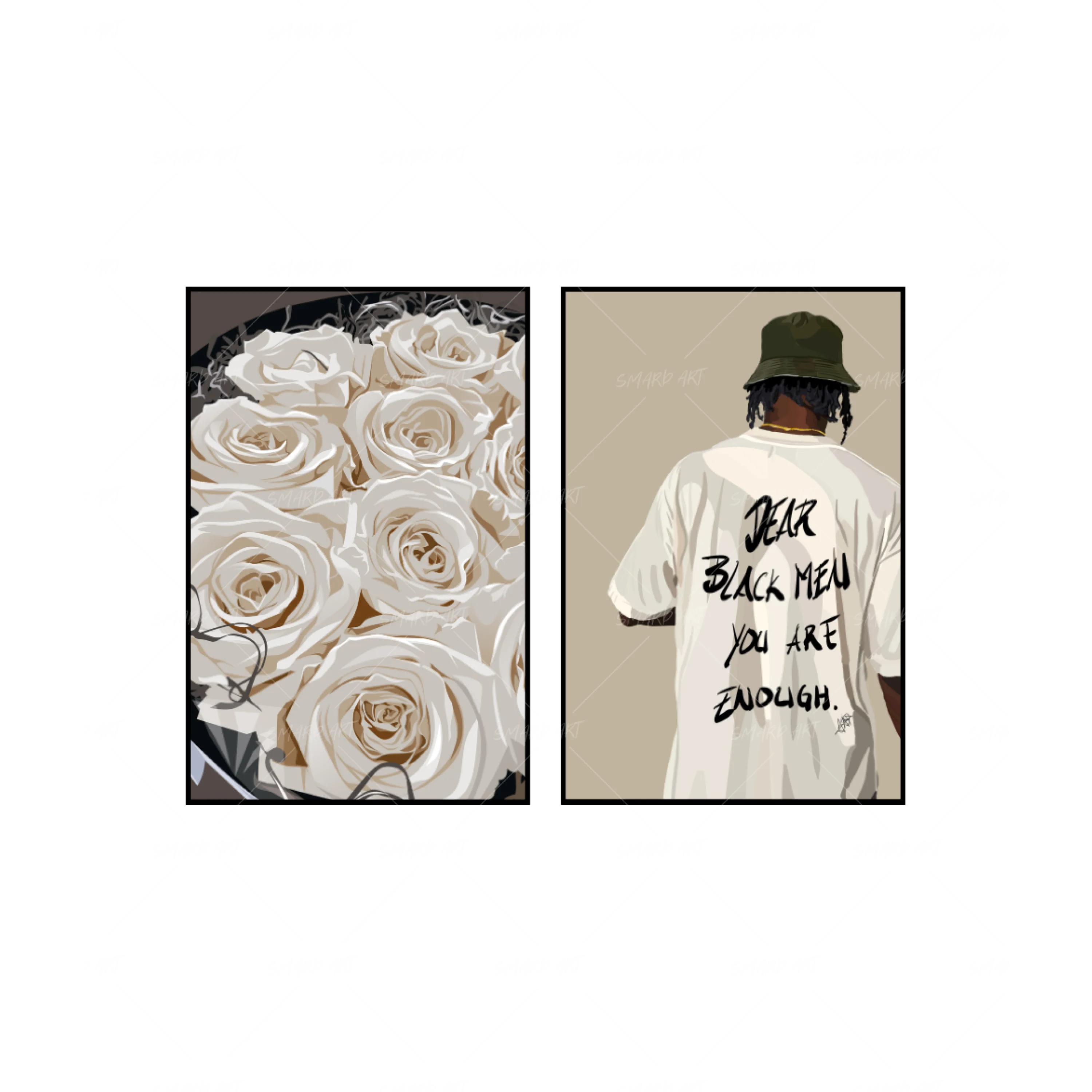 Art Print Bundle : White Roses + Dear Black Men-wall art print featuring decorative artistic design suitable for living rooms, offices, and schools by SmardArt. Elevate your space with Black wall art that speaks to culture, identity, and creativity. At Smard, we celebrate artistry made with melanin, bringing powerful and inspiring designs to life.