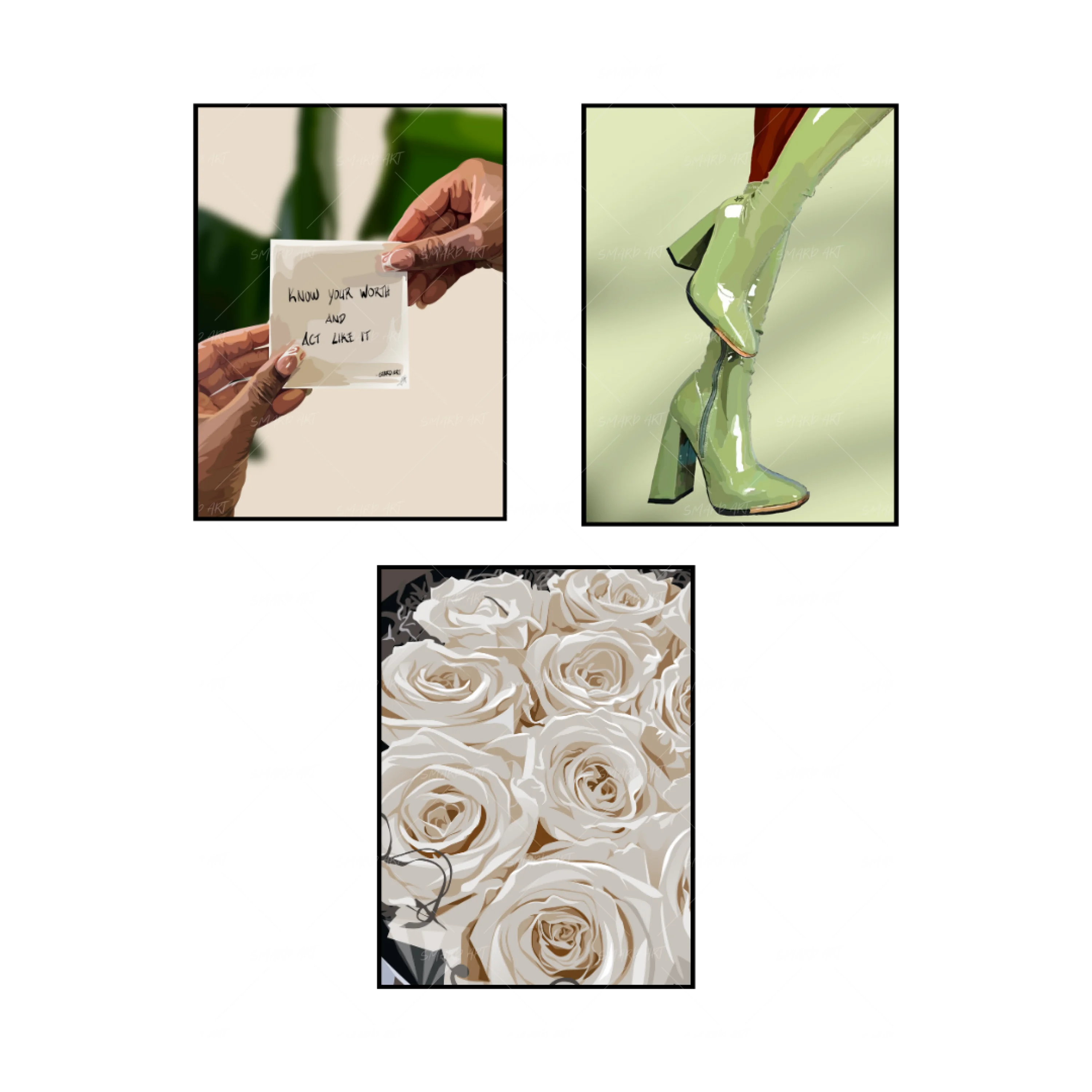 Art Print Bundle : Know Your Worth Quote + White Roses + Green Boots