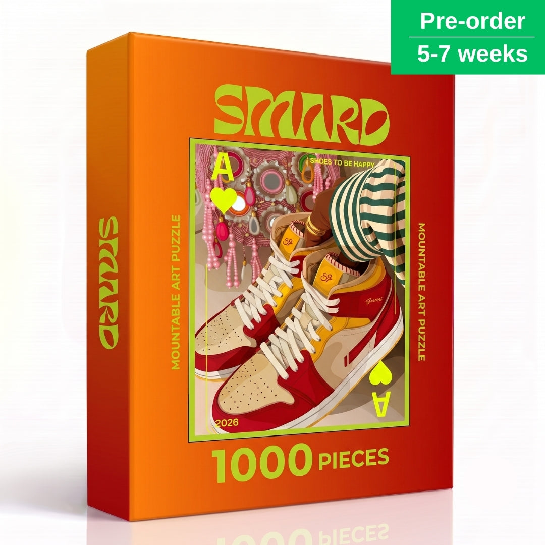 Shoes to be Happy Puzzle-wall art print featuring decorative artistic design suitable for living rooms, offices, and schools by SmardArt. Elevate your space with Black wall art that speaks to culture, identity, and creativity. At Smard, we celebrate artistry made with melanin, bringing powerful and inspiring designs to life.