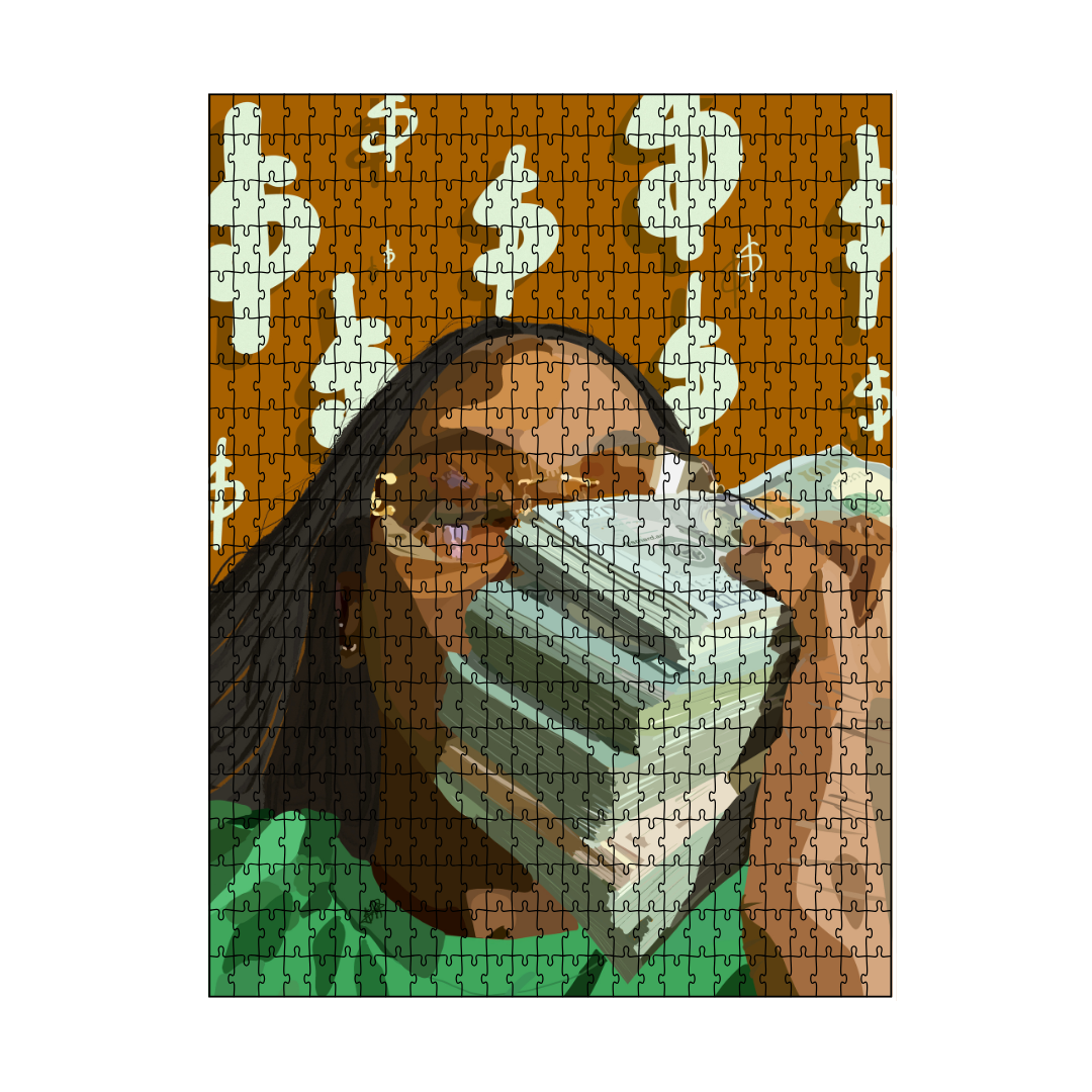 Me Myself & All My Money Puzzle-wall art print featuring decorative artistic design suitable for living rooms, offices, and schools by SmardArt. Elevate your space with Black wall art that speaks to culture, identity, and creativity. At Smard, we celebrate artistry made with melanin, bringing powerful and inspiring designs to life.