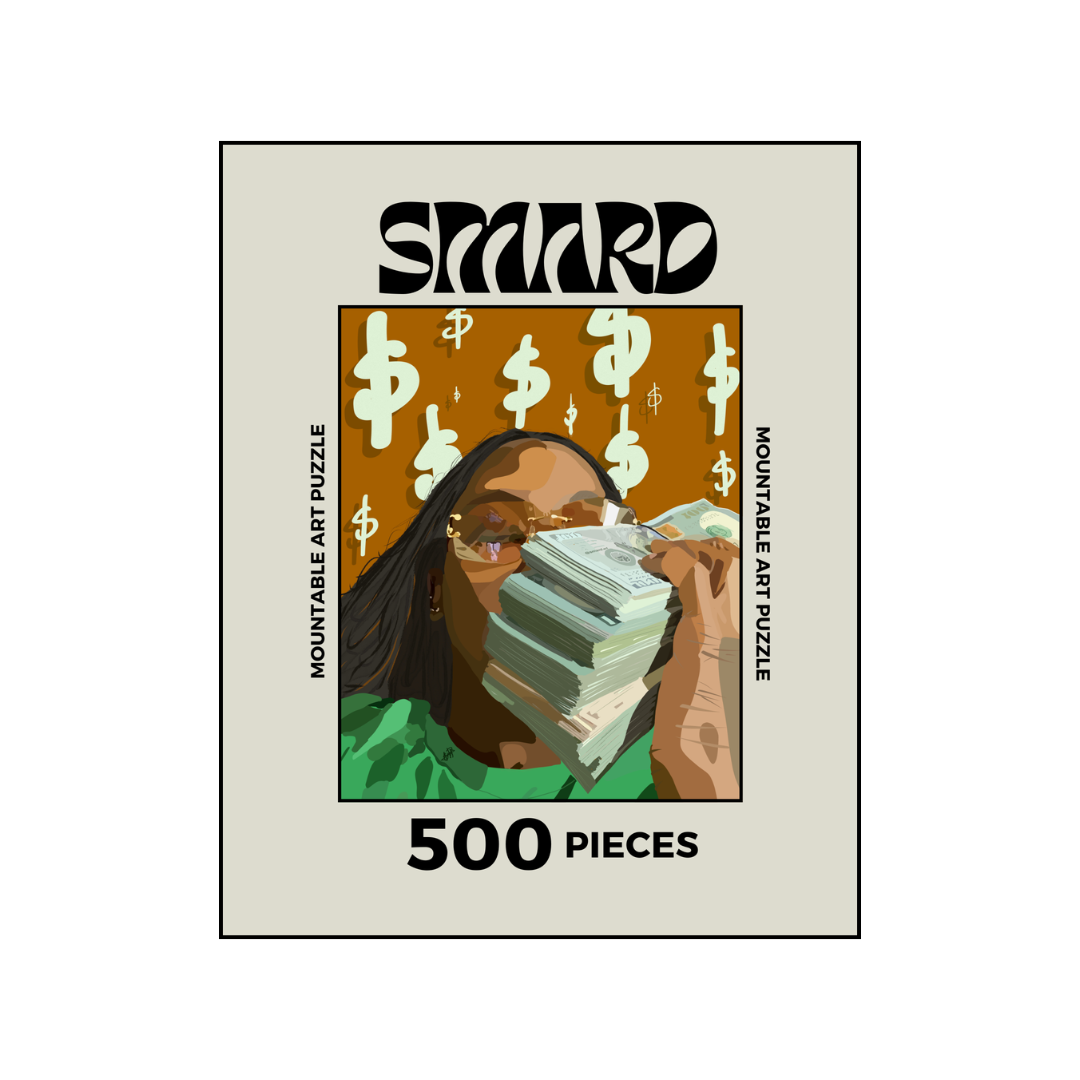 Me Myself & All My Money Puzzle-wall art print featuring decorative artistic design suitable for living rooms, offices, and schools by SmardArt. Elevate your space with Black wall art that speaks to culture, identity, and creativity. At Smard, we celebrate artistry made with melanin, bringing powerful and inspiring designs to life.