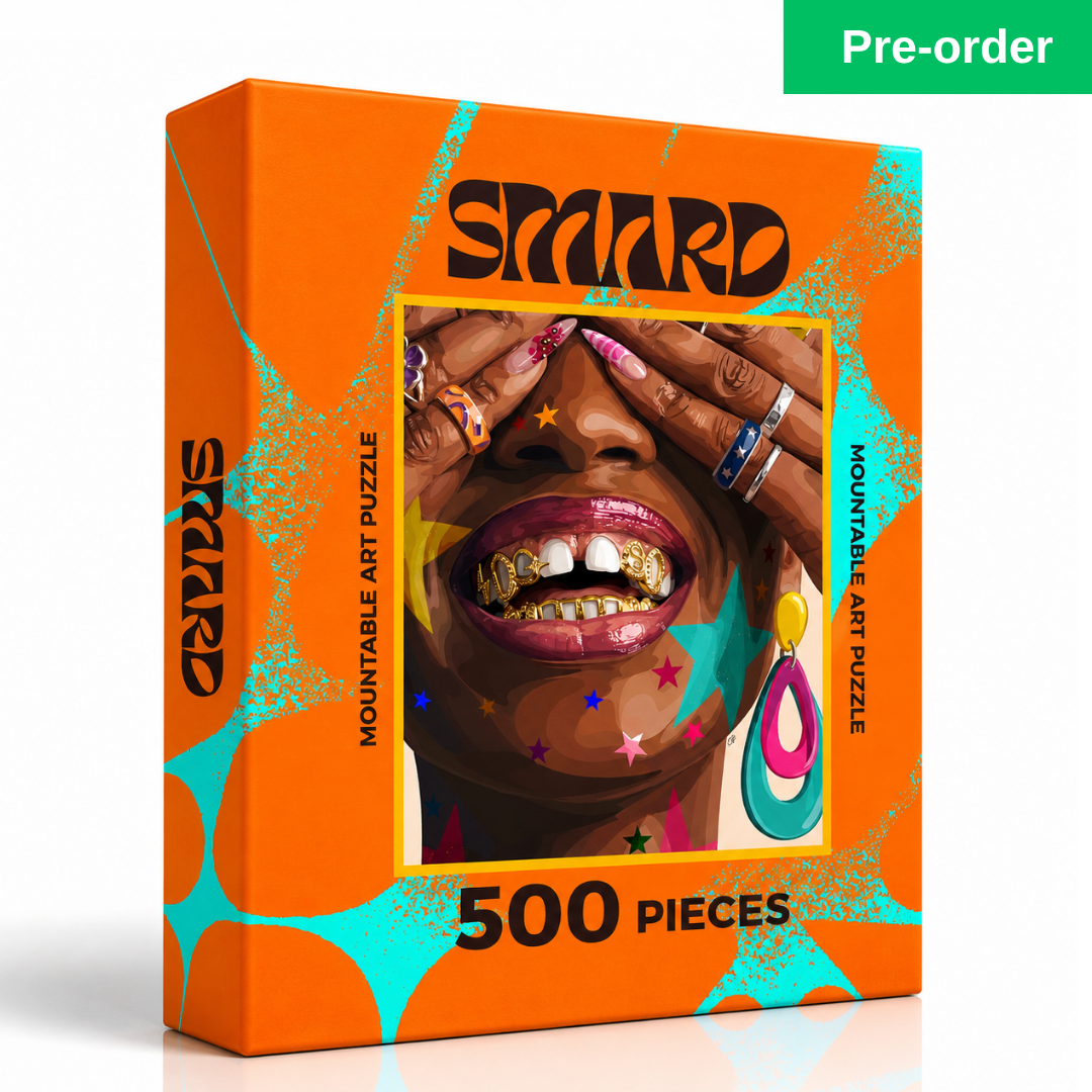 Carnival Grillz Puzzle-wall art print featuring decorative artistic design suitable for living rooms, offices, and schools by SmardArt. Elevate your space with Black wall art that speaks to culture, identity, and creativity. At Smard, we celebrate artistry made with melanin, bringing powerful and inspiring designs to life.