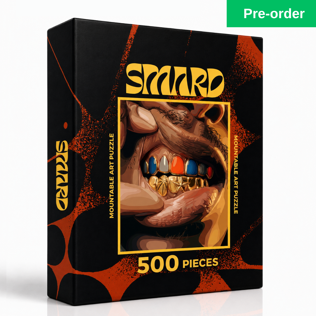 Prime Time Grillz Puzzle-wall art print featuring decorative artistic design suitable for living rooms, offices, and schools by SmardArt. Elevate your space with Black wall art that speaks to culture, identity, and creativity. At Smard, we celebrate artistry made with melanin, bringing powerful and inspiring designs to life.