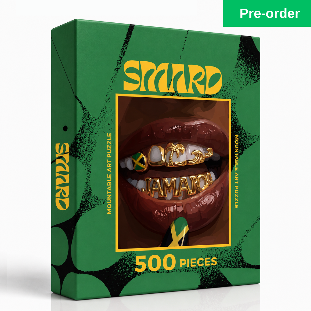 Jamaica Grillz Puzzle-wall art print featuring decorative artistic design suitable for living rooms, offices, and schools by SmardArt. Elevate your space with Black wall art that speaks to culture, identity, and creativity. At Smard, we celebrate artistry made with melanin, bringing powerful and inspiring designs to life.