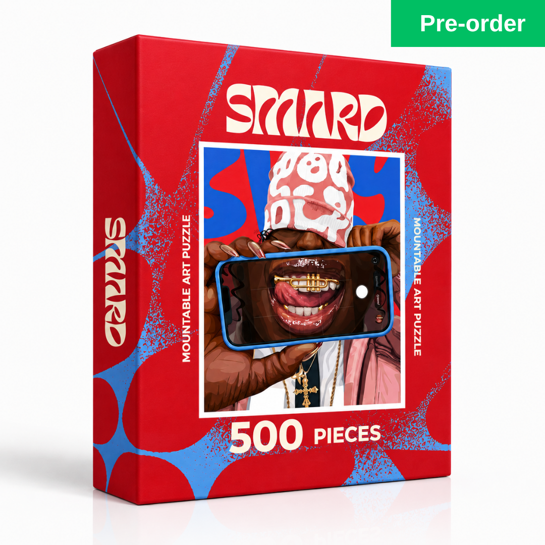 Check My Grillz Puzzle-wall art print featuring decorative artistic design suitable for living rooms, offices, and schools by SmardArt. Elevate your space with Black wall art that speaks to culture, identity, and creativity. At Smard, we celebrate artistry made with melanin, bringing powerful and inspiring designs to life.