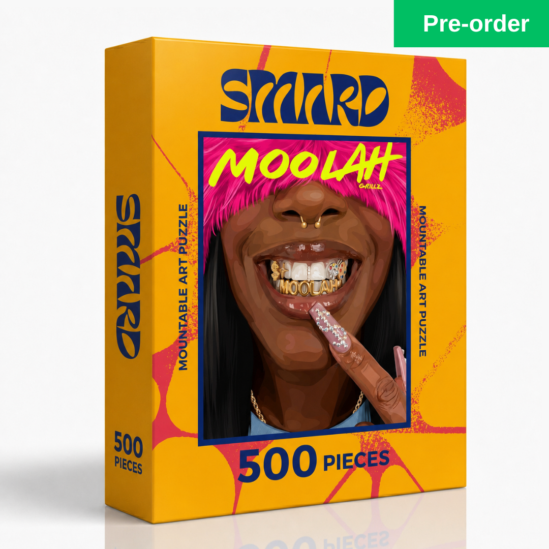 Moolah Grillz Puzzle-wall art print featuring decorative artistic design suitable for living rooms, offices, and schools by SmardArt. Elevate your space with Black wall art that speaks to culture, identity, and creativity. At Smard, we celebrate artistry made with melanin, bringing powerful and inspiring designs to life.
