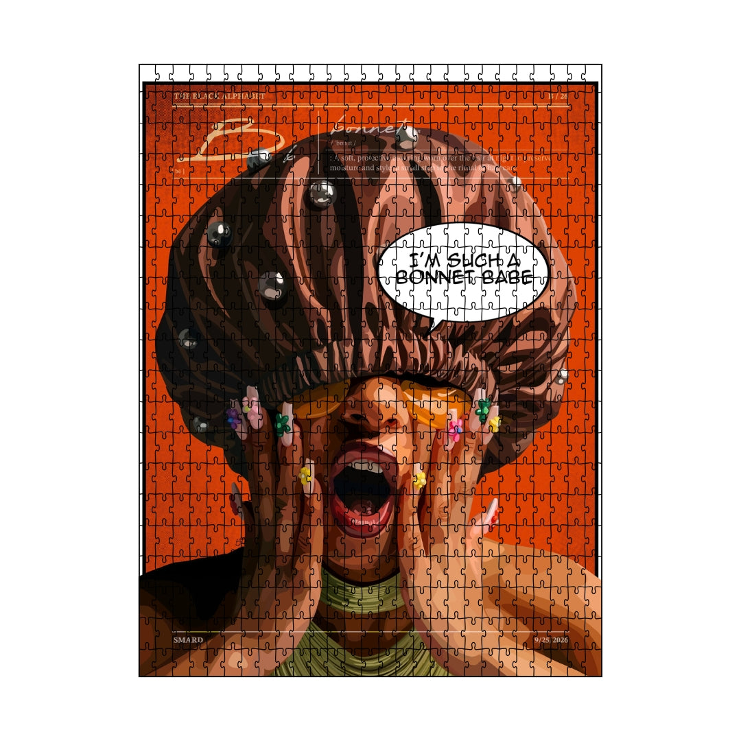 Bonnet Bae Puzzle-wall art print featuring decorative artistic design suitable for living rooms, offices, and schools by SmardArt. Elevate your space with Black wall art that speaks to culture, identity, and creativity. At Smard, we celebrate artistry made with melanin, bringing powerful and inspiring designs to life.