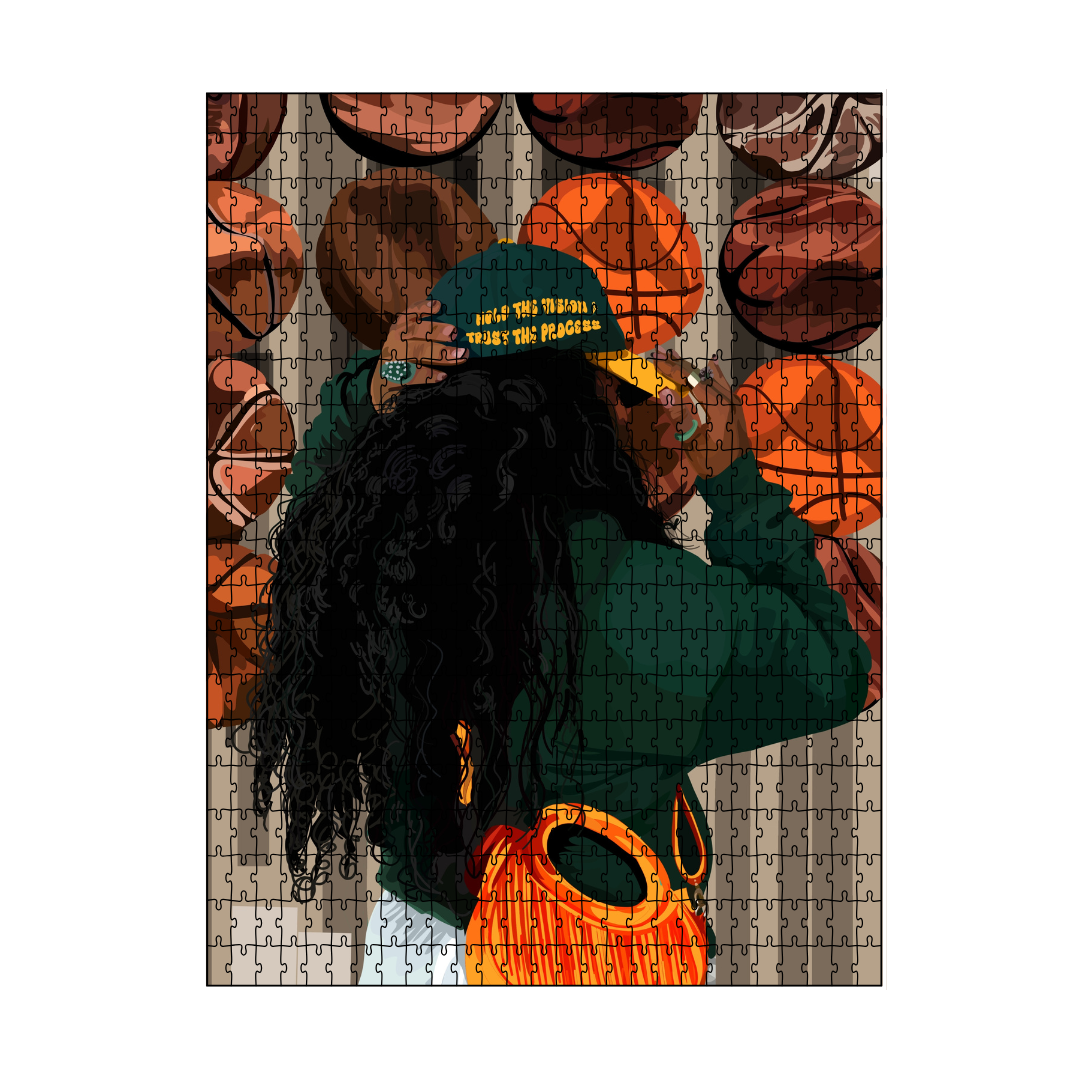 Fashion & Basketball II Puzzle-wall art print featuring decorative artistic design suitable for living rooms, offices, and schools by SmardArt. Elevate your space with Black wall art that speaks to culture, identity, and creativity. At Smard, we celebrate artistry made with melanin, bringing powerful and inspiring designs to life.