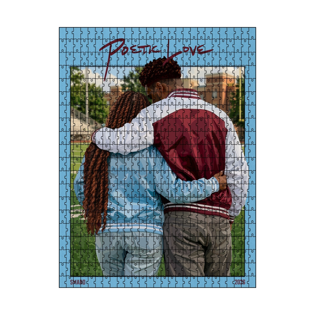 Poetic Love Puzzle-wall art print featuring decorative artistic design suitable for living rooms, offices, and schools by SmardArt. Elevate your space with Black wall art that speaks to culture, identity, and creativity. At Smard, we celebrate artistry made with melanin, bringing powerful and inspiring designs to life.