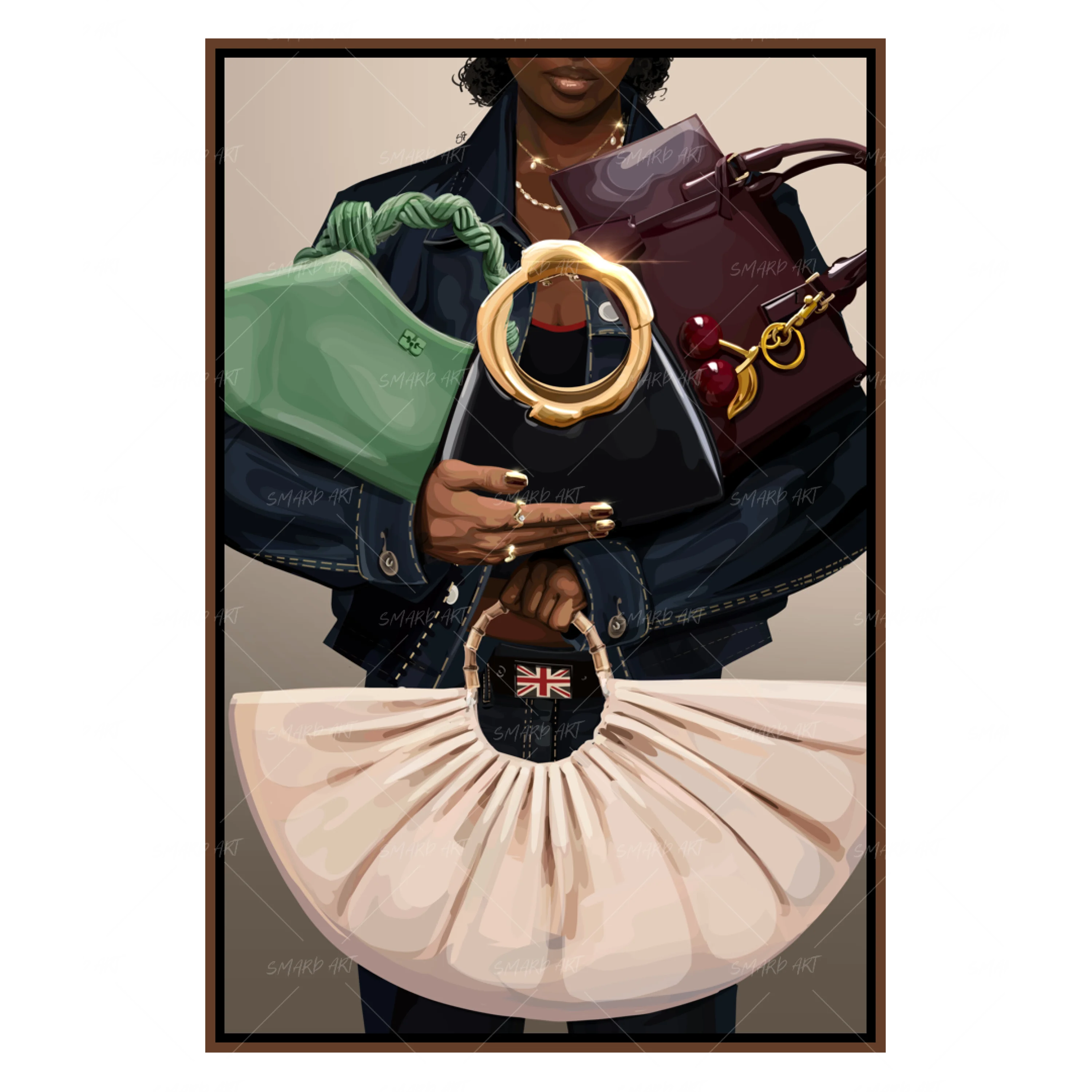 Bag Babe-wall art print featuring decorative artistic design suitable for living rooms, offices, and schools by SmardArt. Elevate your space with Black wall art that speaks to culture, identity, and creativity. At Smard, we celebrate artistry made with melanin, bringing powerful and inspiring designs to life.
