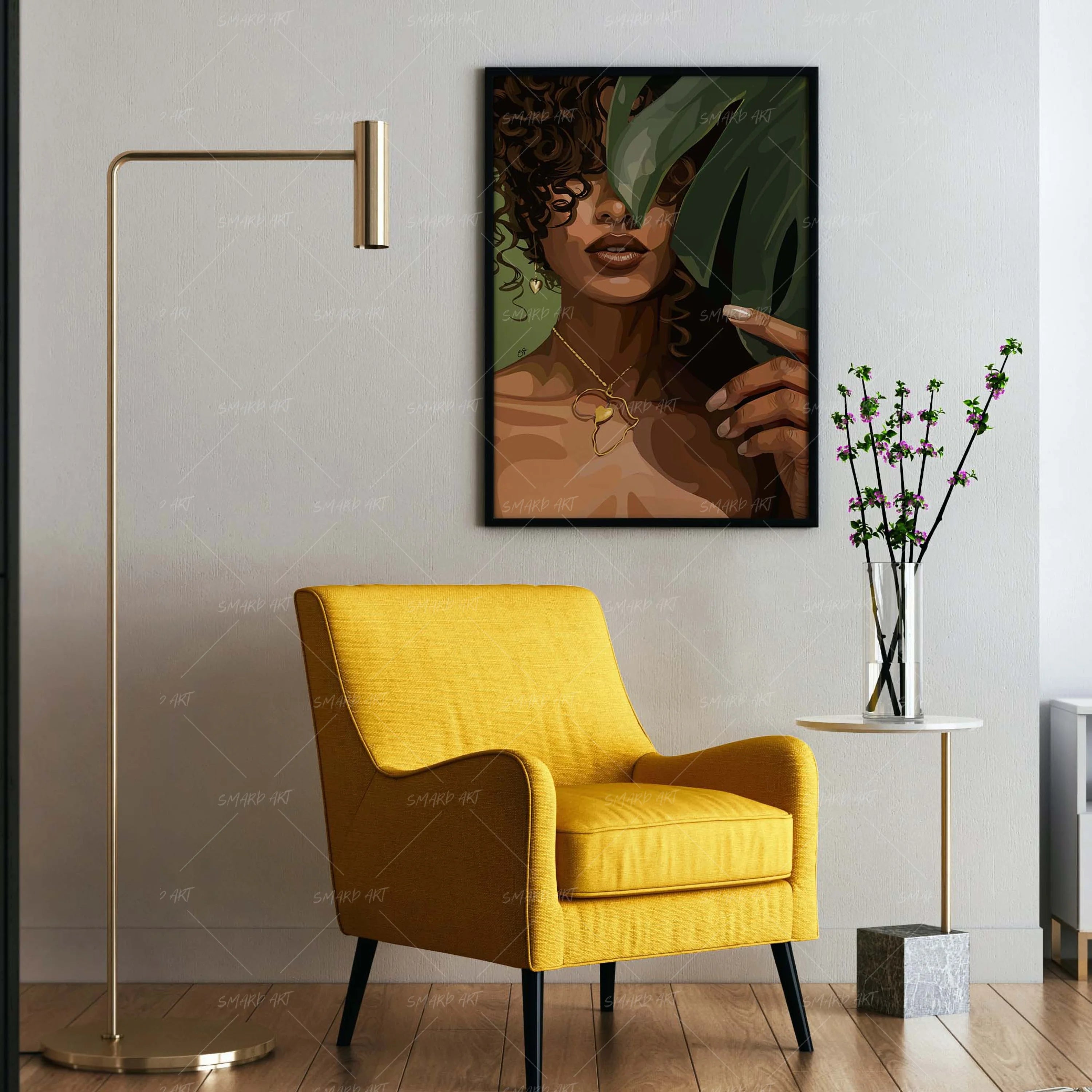 Behind The Leaves-wall art print featuring decorative artistic design suitable for living rooms, offices, and schools by SmardArt. Elevate your space with Black wall art that speaks to culture, identity, and creativity. At Smard, we celebrate artistry made with melanin, bringing powerful and inspiring designs to life.