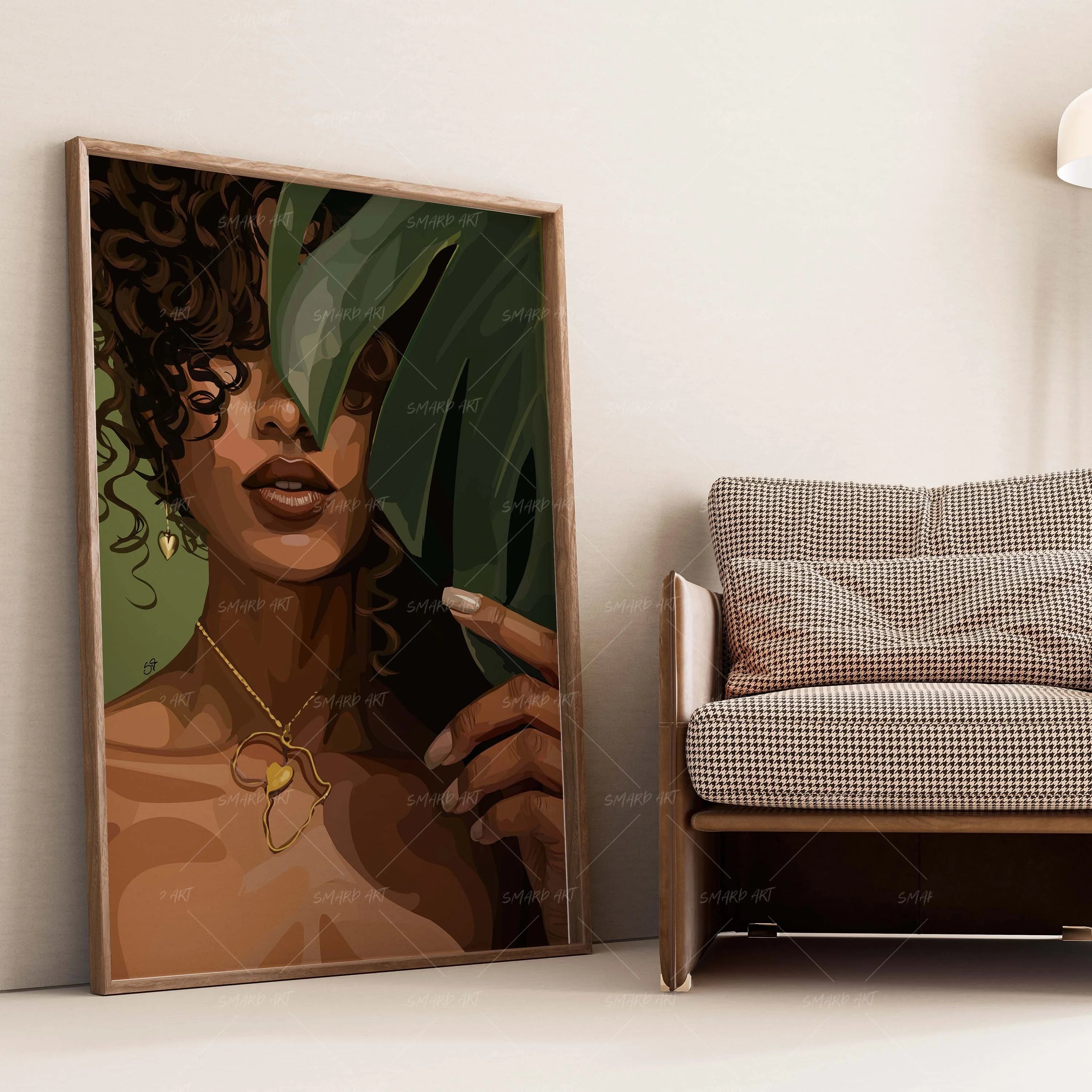 Behind The Leaves-wall art print featuring decorative artistic design suitable for living rooms, offices, and schools by SmardArt. Elevate your space with Black wall art that speaks to culture, identity, and creativity. At Smard, we celebrate artistry made with melanin, bringing powerful and inspiring designs to life.