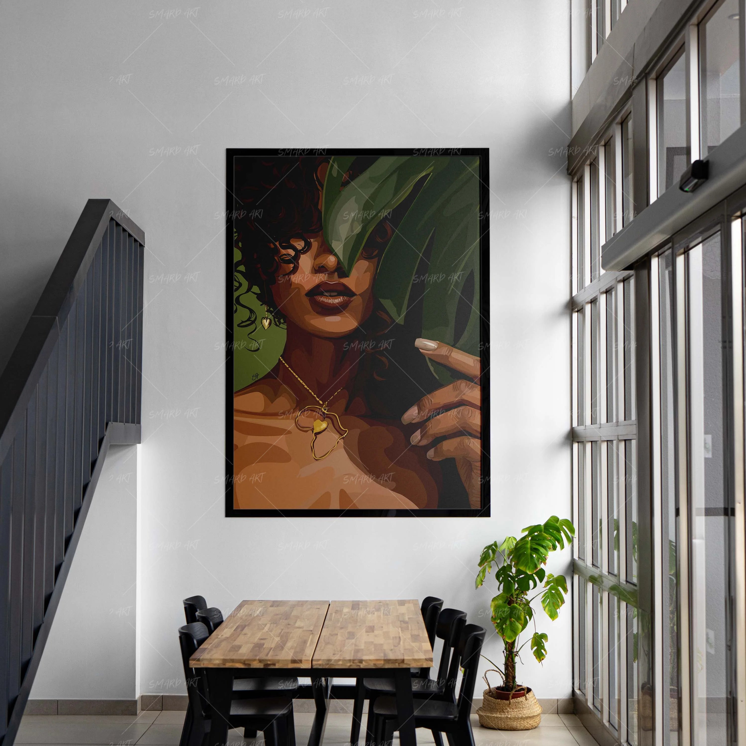 Behind The Leaves-wall art print featuring decorative artistic design suitable for living rooms, offices, and schools by SmardArt. Elevate your space with Black wall art that speaks to culture, identity, and creativity. At Smard, we celebrate artistry made with melanin, bringing powerful and inspiring designs to life.