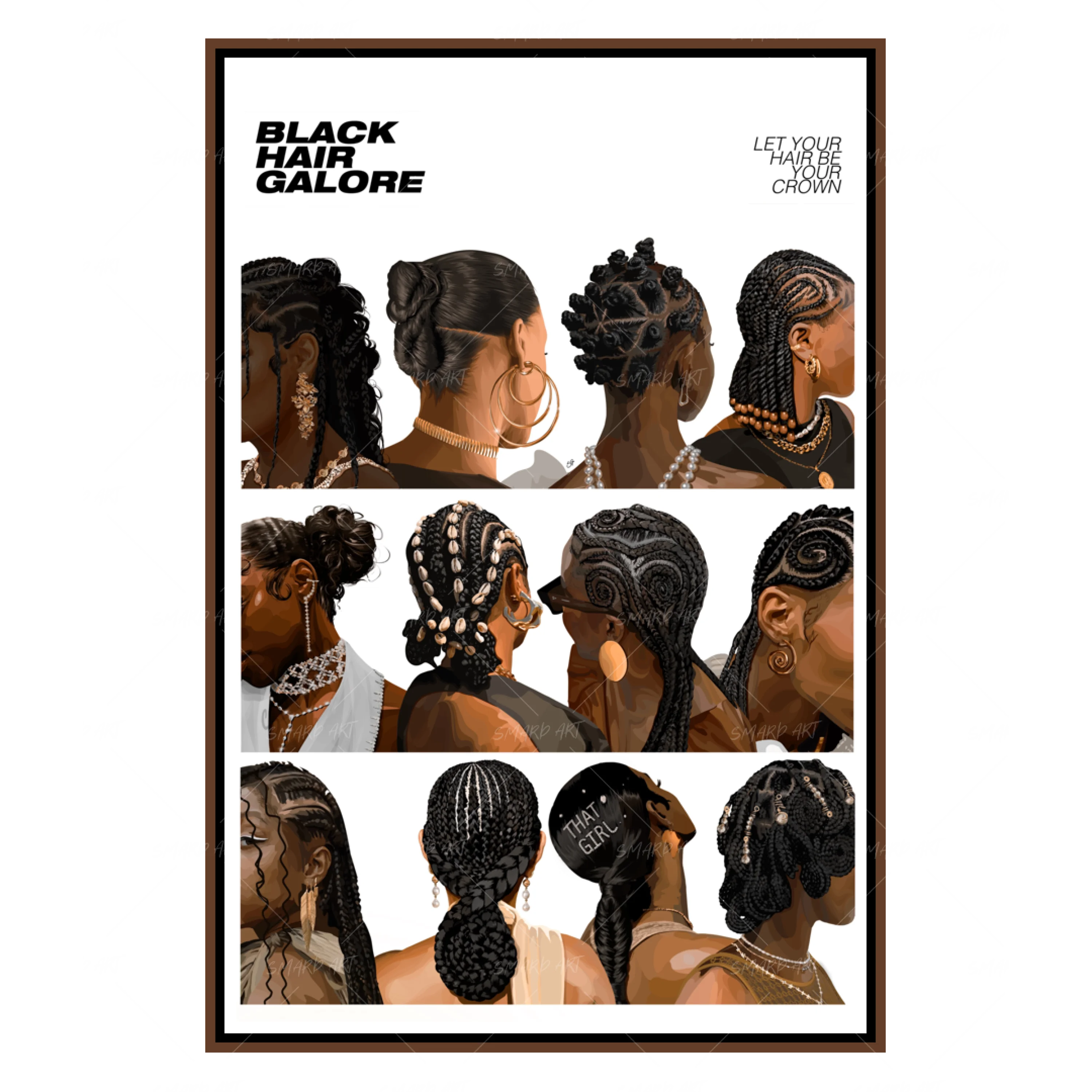 Black Hair Galore-wall art print featuring decorative artistic design suitable for living rooms, offices, and schools by SmardArt. Elevate your space with Black wall art that speaks to culture, identity, and creativity. At Smard, we celebrate artistry made with melanin, bringing powerful and inspiring designs to life.