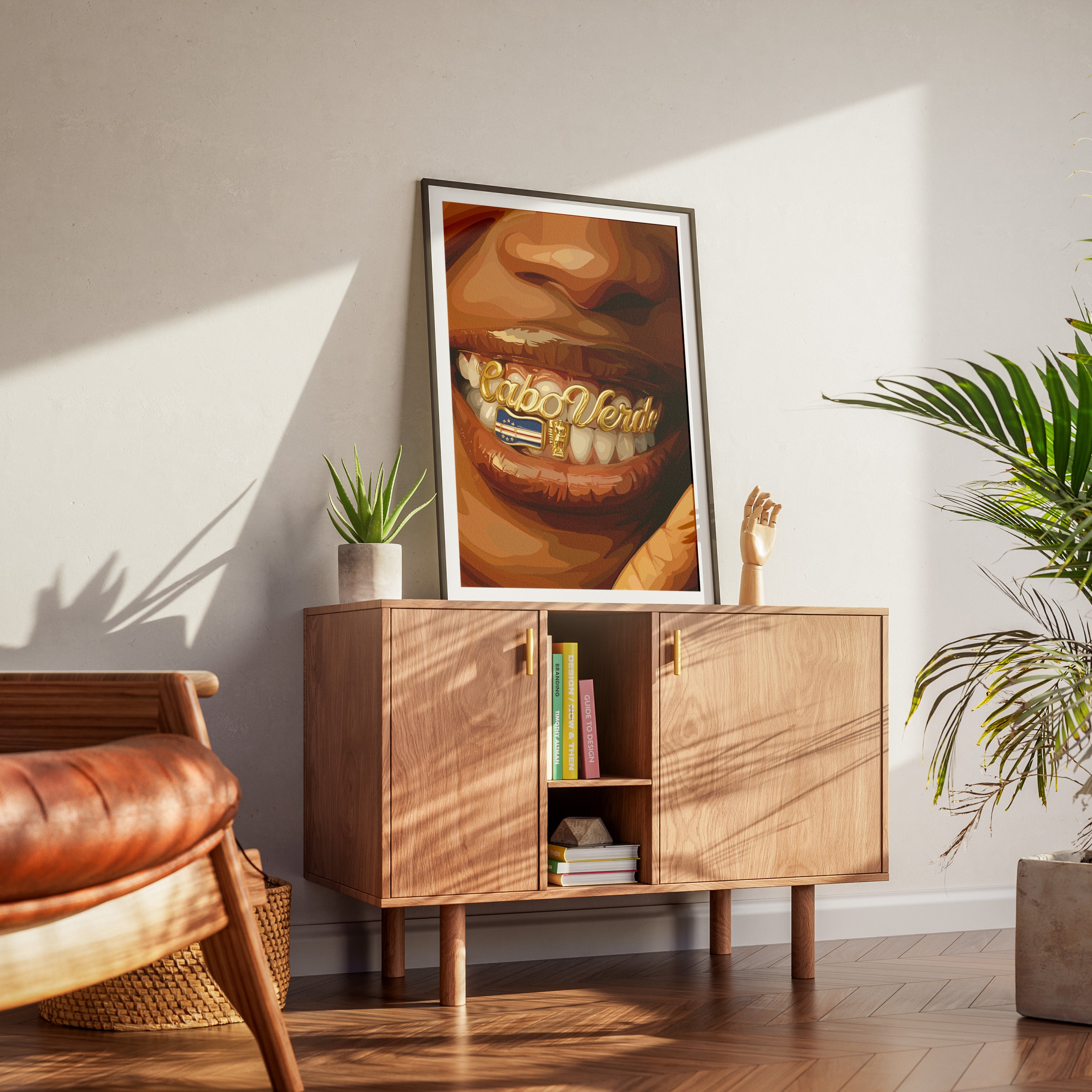 Cabo Verde Grillz-wall art print featuring decorative artistic design suitable for living rooms, offices, and schools by SmardArt. Elevate your space with Black wall art that speaks to culture, identity, and creativity. At Smard, we celebrate artistry made with melanin, bringing powerful and inspiring designs to life.