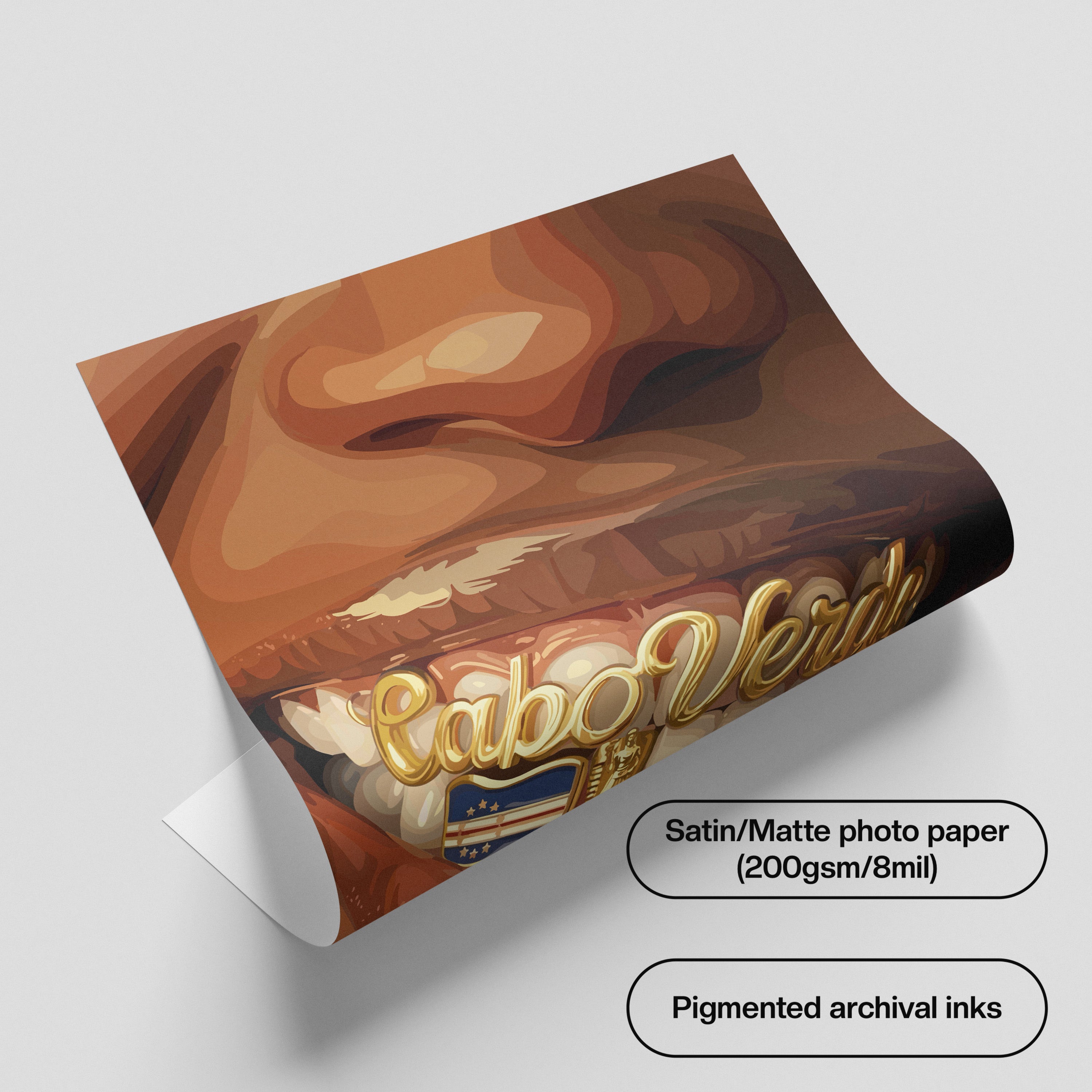 Cabo Verde Grillz-wall art print featuring decorative artistic design suitable for living rooms, offices, and schools by SmardArt. Elevate your space with Black wall art that speaks to culture, identity, and creativity. At Smard, we celebrate artistry made with melanin, bringing powerful and inspiring designs to life.