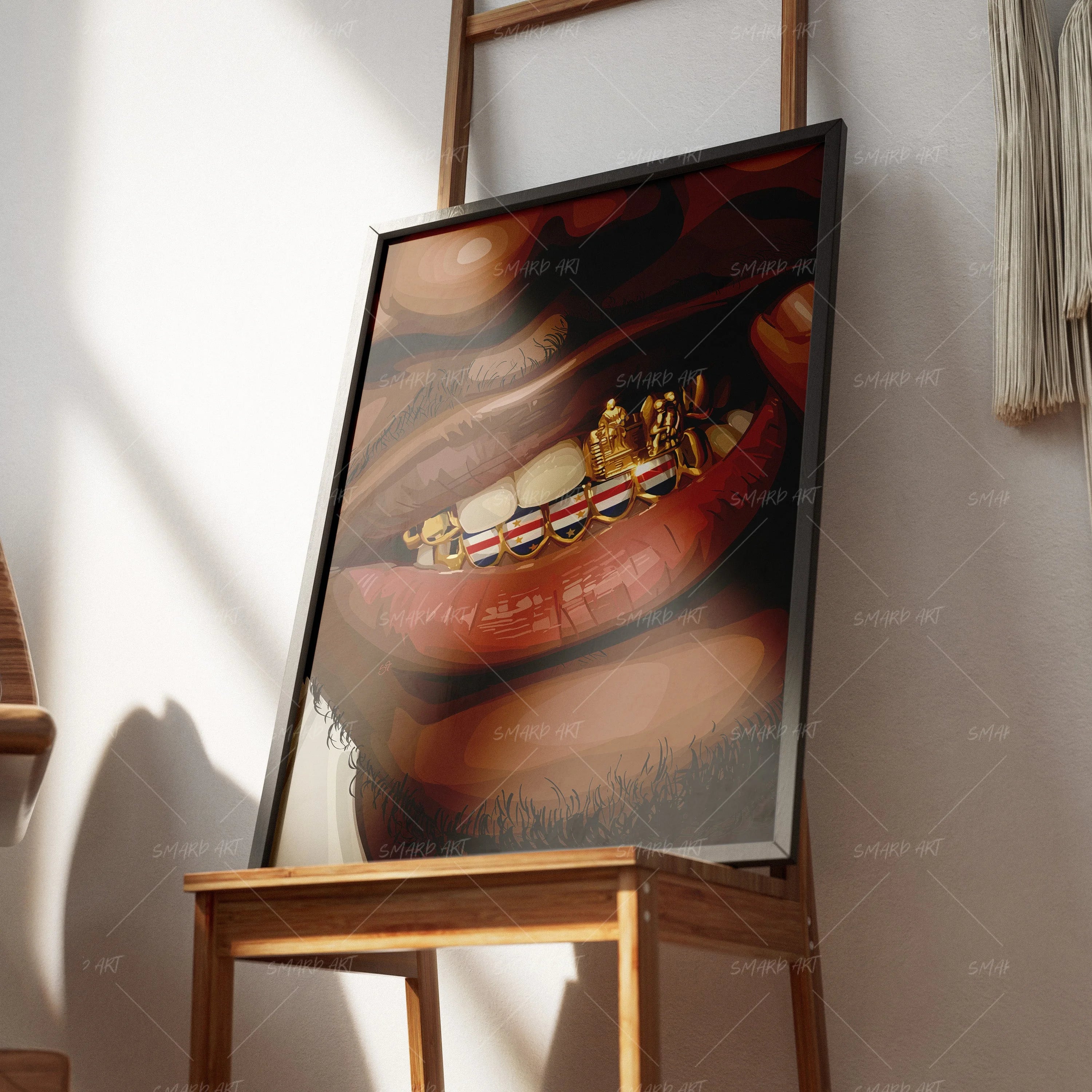 Cape Verde Grillz-wall art print featuring decorative artistic design suitable for living rooms, offices, and schools by SmardArt. Elevate your space with Black wall art that speaks to culture, identity, and creativity. At Smard, we celebrate artistry made with melanin, bringing powerful and inspiring designs to life.