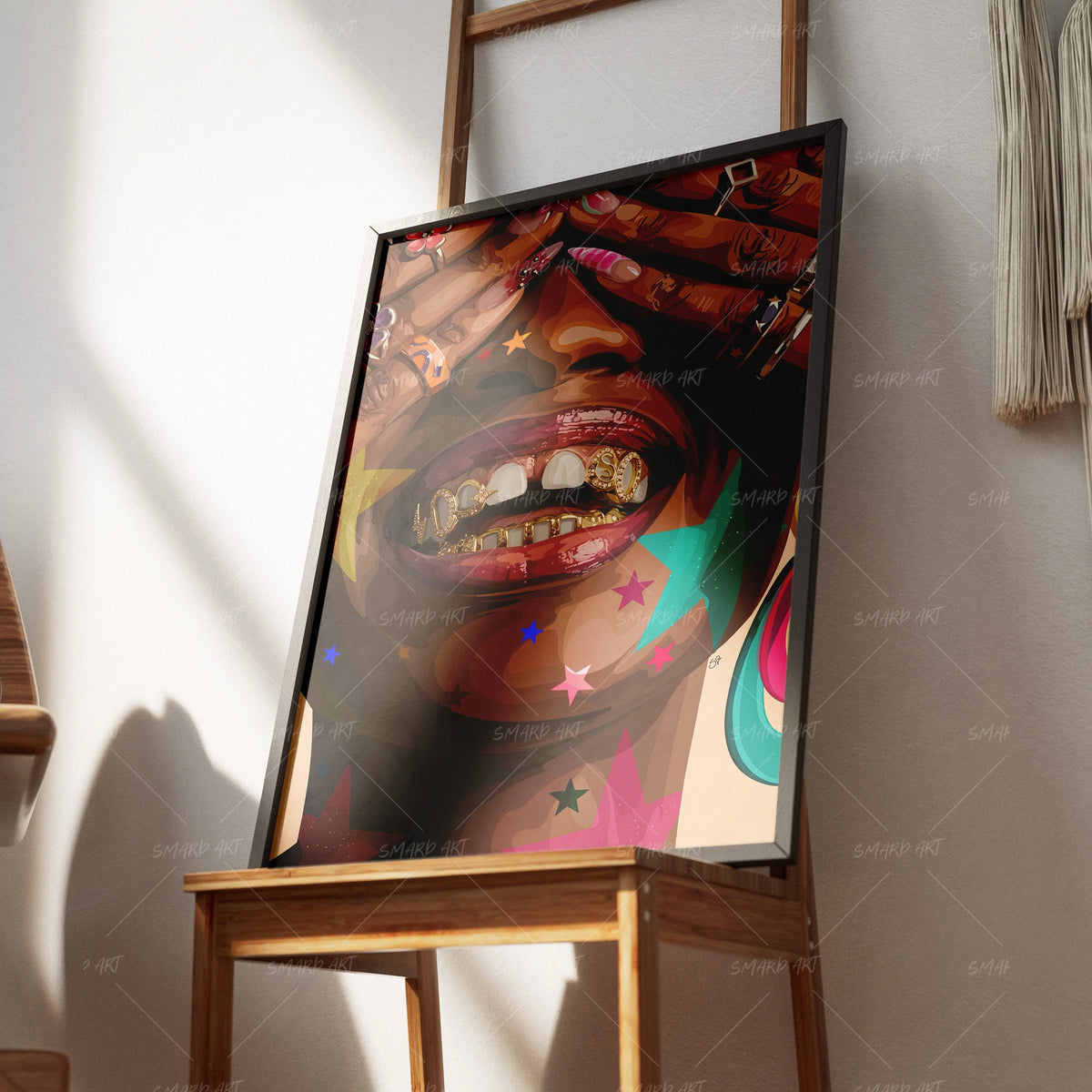 Carnival Grillz-wall art print featuring decorative artistic design suitable for living rooms, offices, and schools by SmardArt. Elevate your space with Black wall art that speaks to culture, identity, and creativity. At Smard, we celebrate artistry made with melanin, bringing powerful and inspiring designs to life.