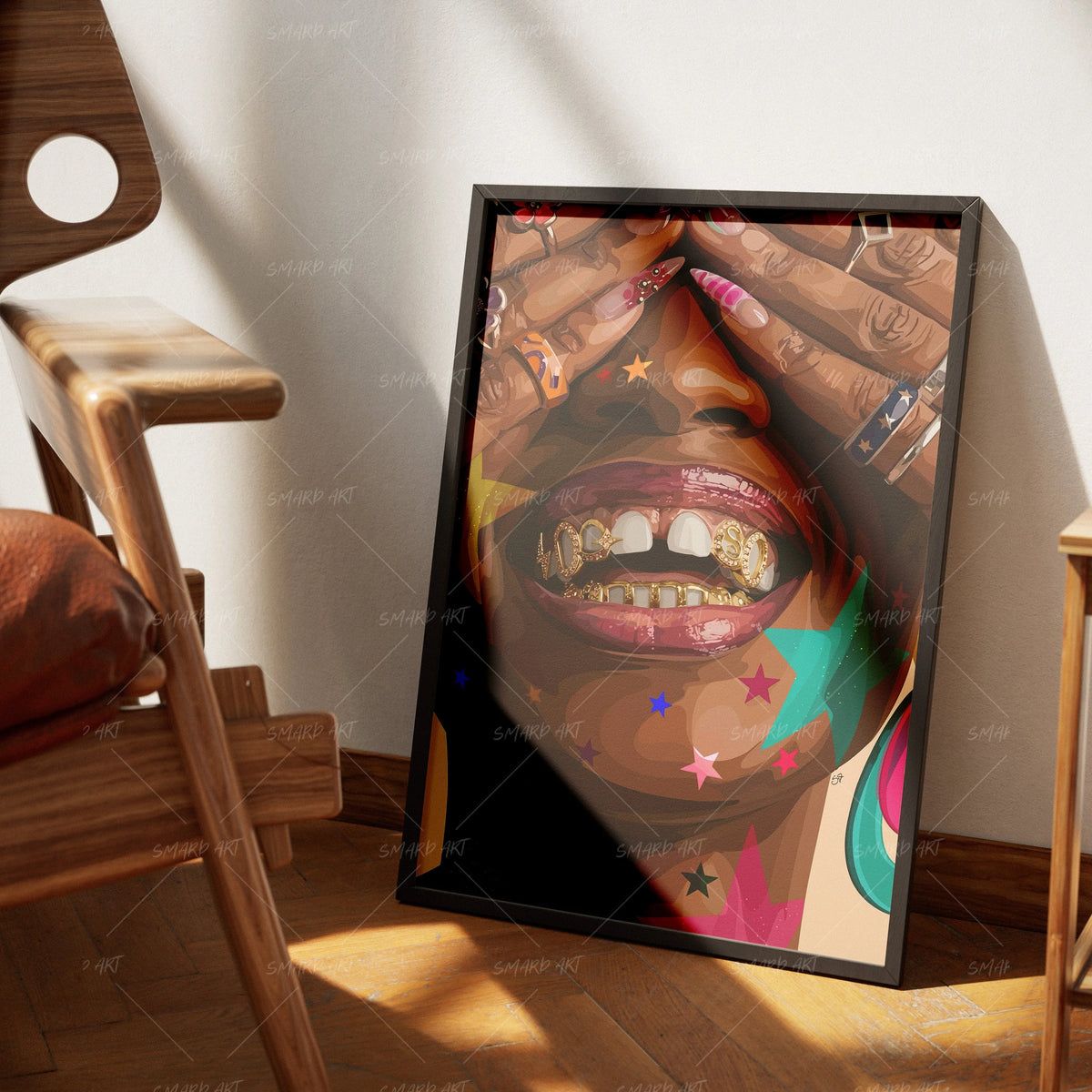Carnival Grillz-wall art print featuring decorative artistic design suitable for living rooms, offices, and schools by SmardArt. Elevate your space with Black wall art that speaks to culture, identity, and creativity. At Smard, we celebrate artistry made with melanin, bringing powerful and inspiring designs to life.