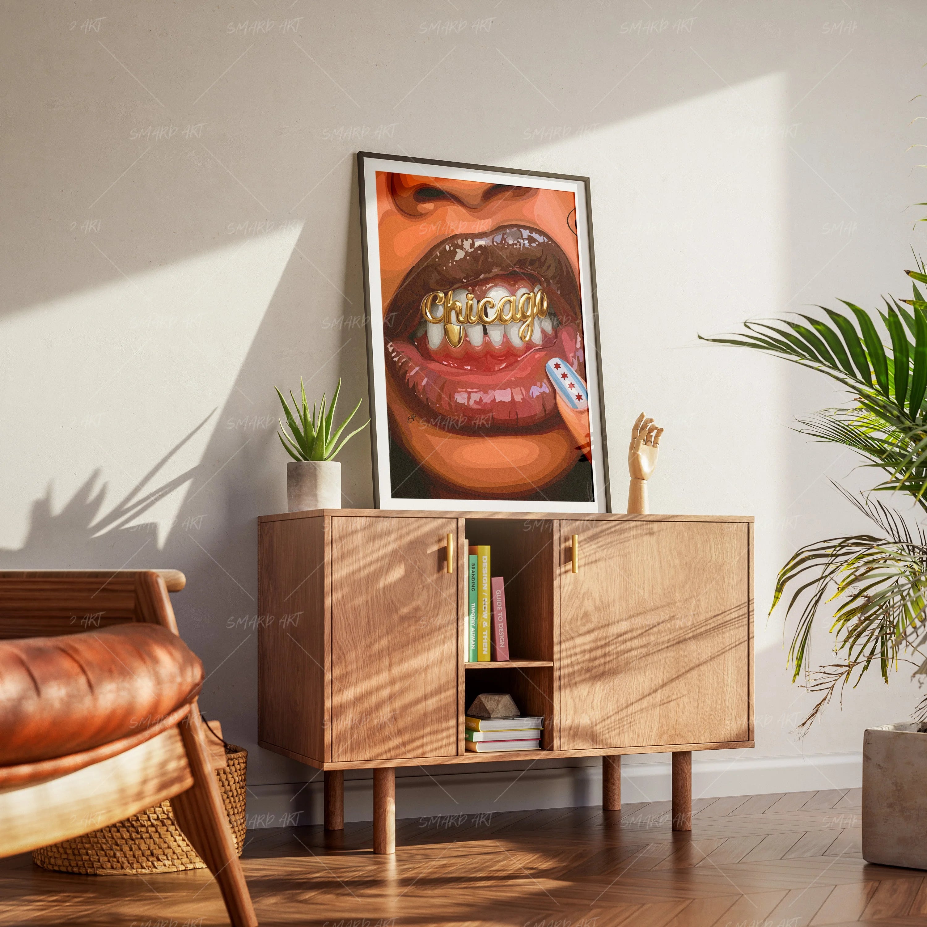 Chicago Babe Grillz-wall art print featuring decorative artistic design suitable for living rooms, offices, and schools by SmardArt. Elevate your space with Black wall art that speaks to culture, identity, and creativity. At Smard, we celebrate artistry made with melanin, bringing powerful and inspiring designs to life.