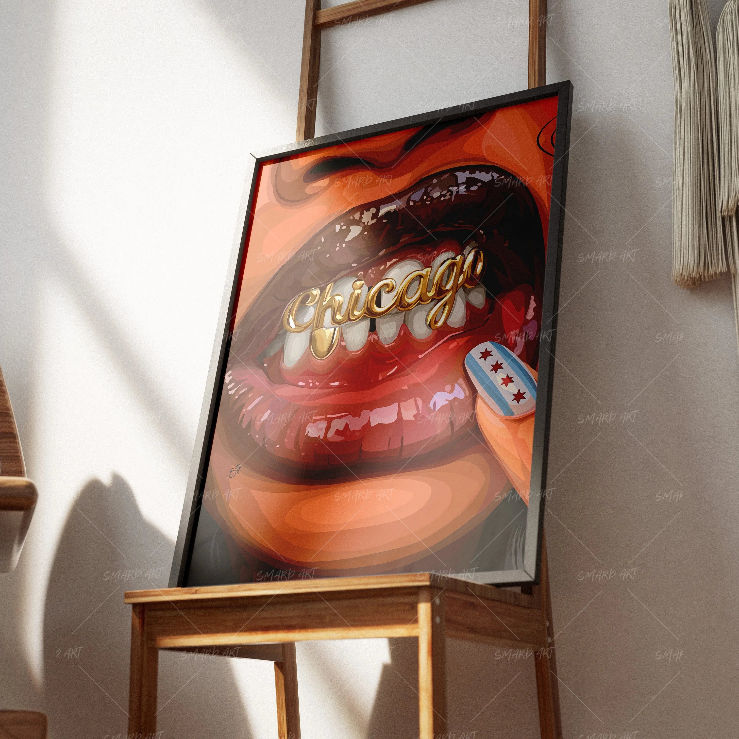 Chicago Babe Grillz-wall art print featuring decorative artistic design suitable for living rooms, offices, and schools by SmardArt. Elevate your space with Black wall art that speaks to culture, identity, and creativity. At Smard, we celebrate artistry made with melanin, bringing powerful and inspiring designs to life.