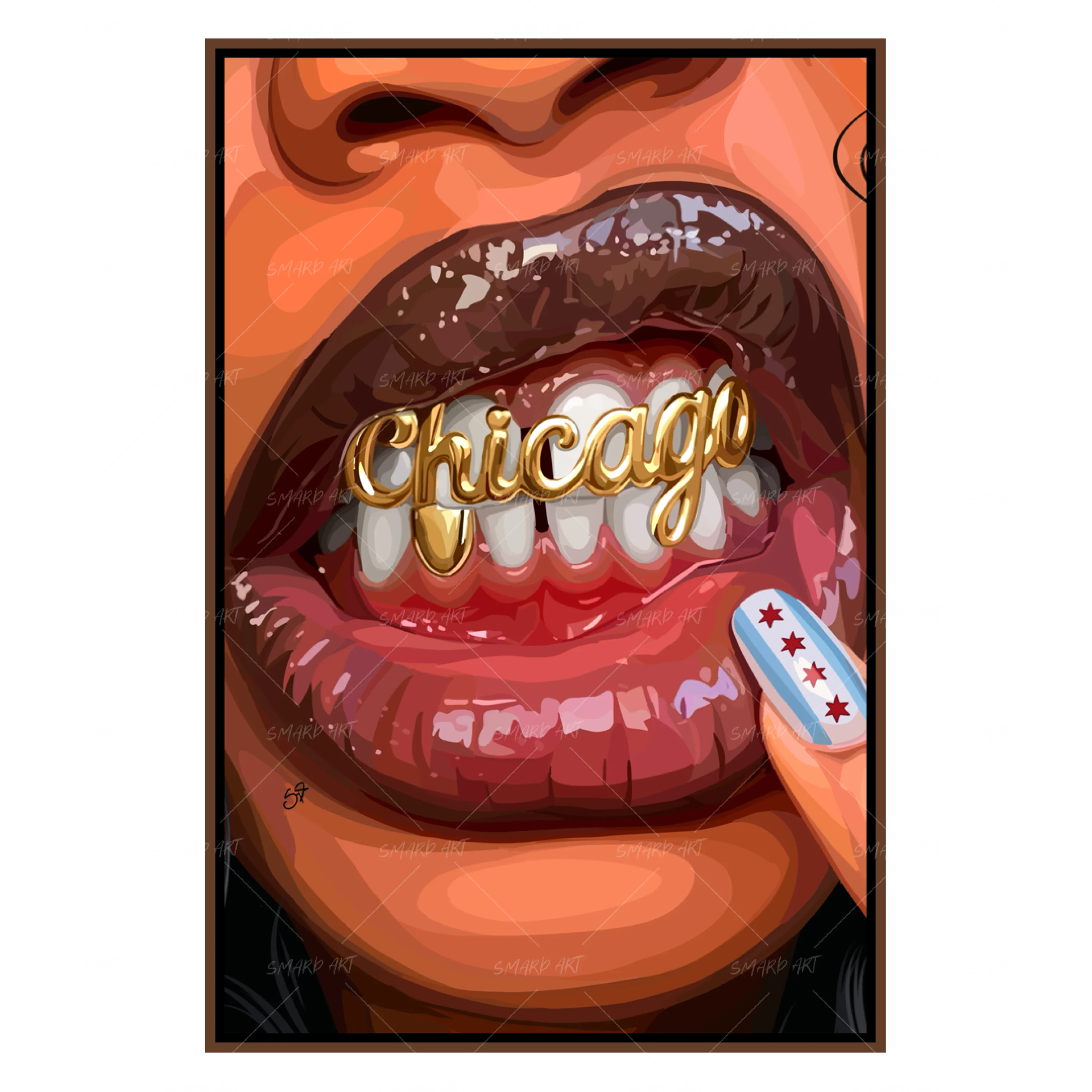 Chicago Babe Grillz-wall art print featuring decorative artistic design suitable for living rooms, offices, and schools by SmardArt. Elevate your space with Black wall art that speaks to culture, identity, and creativity. At Smard, we celebrate artistry made with melanin, bringing powerful and inspiring designs to life.