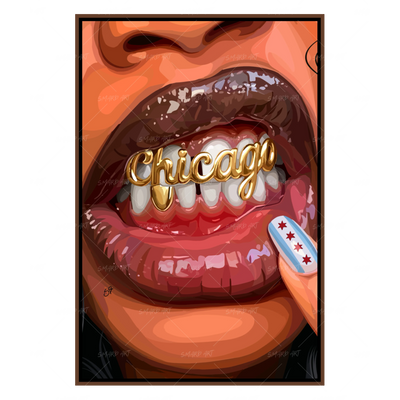 Chicago Babe Grillz-wall art print featuring decorative artistic design suitable for living rooms, offices, and schools by SmardArt. Elevate your space with Black wall art that speaks to culture, identity, and creativity. At Smard, we celebrate artistry made with melanin, bringing powerful and inspiring designs to life.
