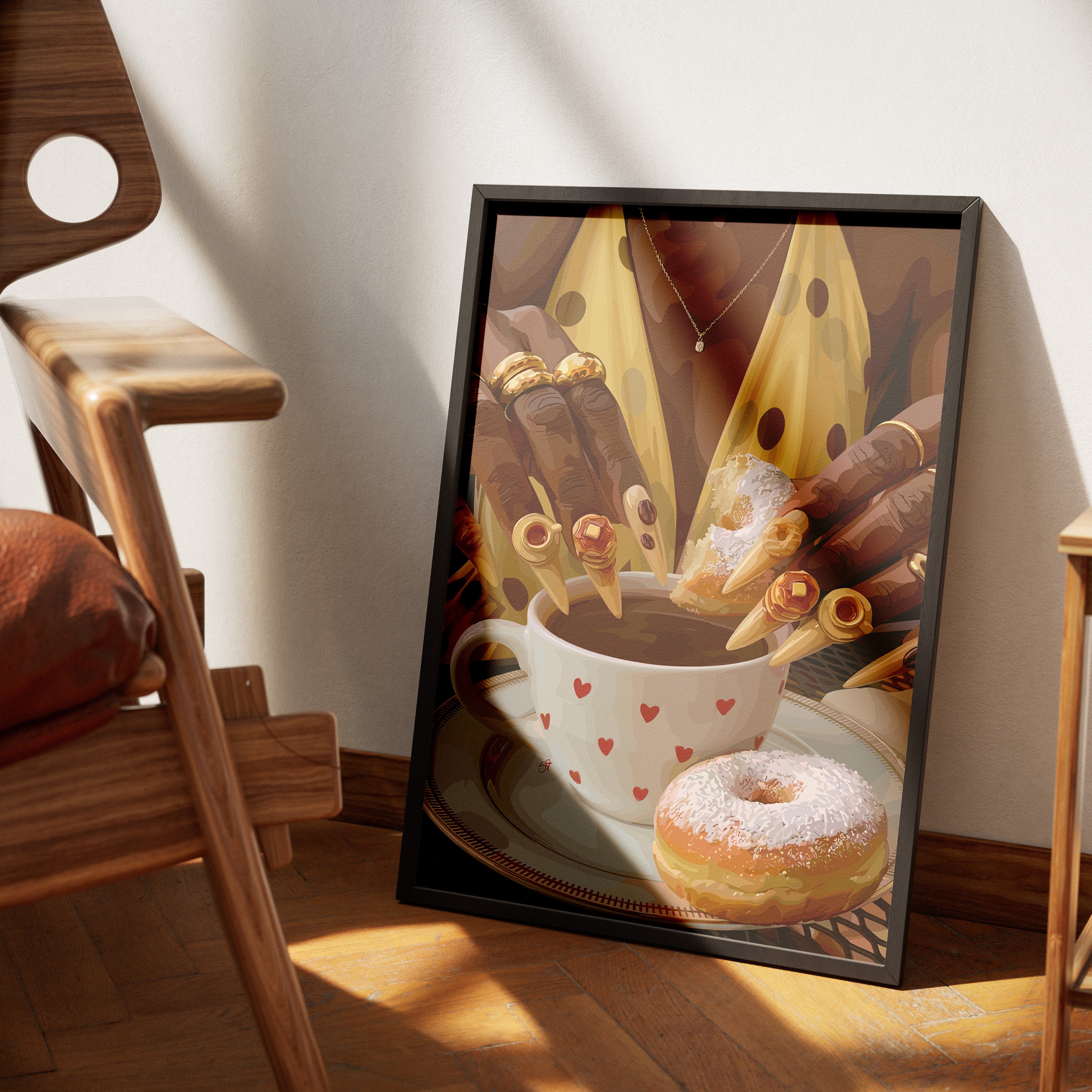 Cocoa Cup Set-wall art print featuring decorative artistic design suitable for living rooms, offices, and schools by SmardArt. Elevate your space with Black wall art that speaks to culture, identity, and creativity. At Smard, we celebrate artistry made with melanin, bringing powerful and inspiring designs to life.