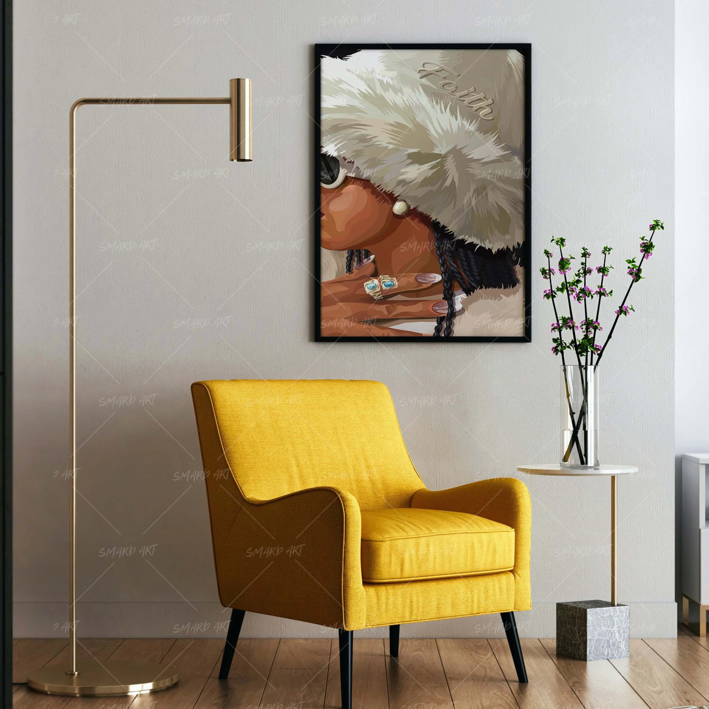 Faith & Fur-wall art print featuring decorative artistic design suitable for living rooms, offices, and schools by SmardArt. Elevate your space with Black wall art that speaks to culture, identity, and creativity. At Smard, we celebrate artistry made with melanin, bringing powerful and inspiring designs to life.