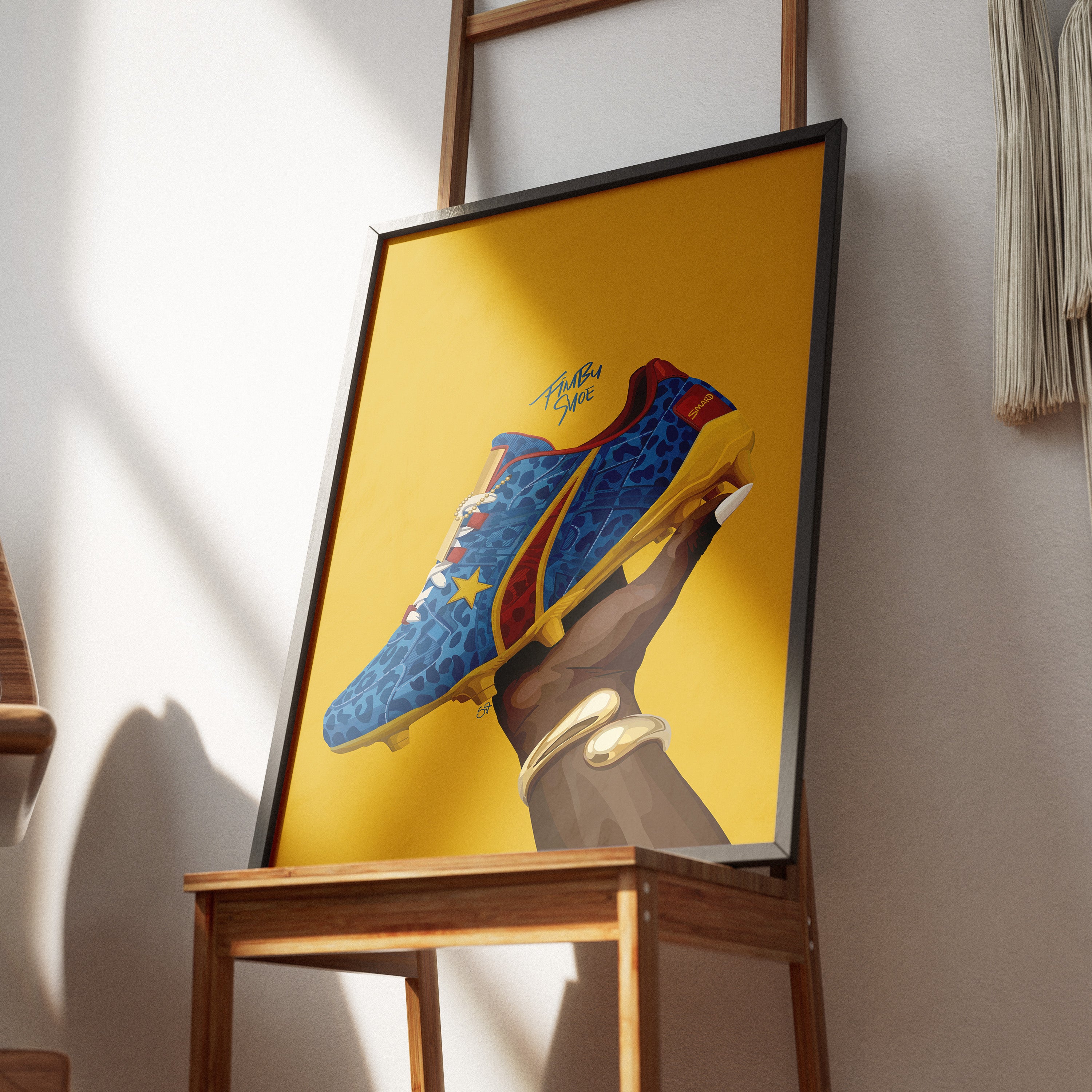 Fimbu Shoe-wall art print featuring decorative artistic design suitable for living rooms, offices, and schools by SmardArt. Elevate your space with Black wall art that speaks to culture, identity, and creativity. At Smard, we celebrate artistry made with melanin, bringing powerful and inspiring designs to life.