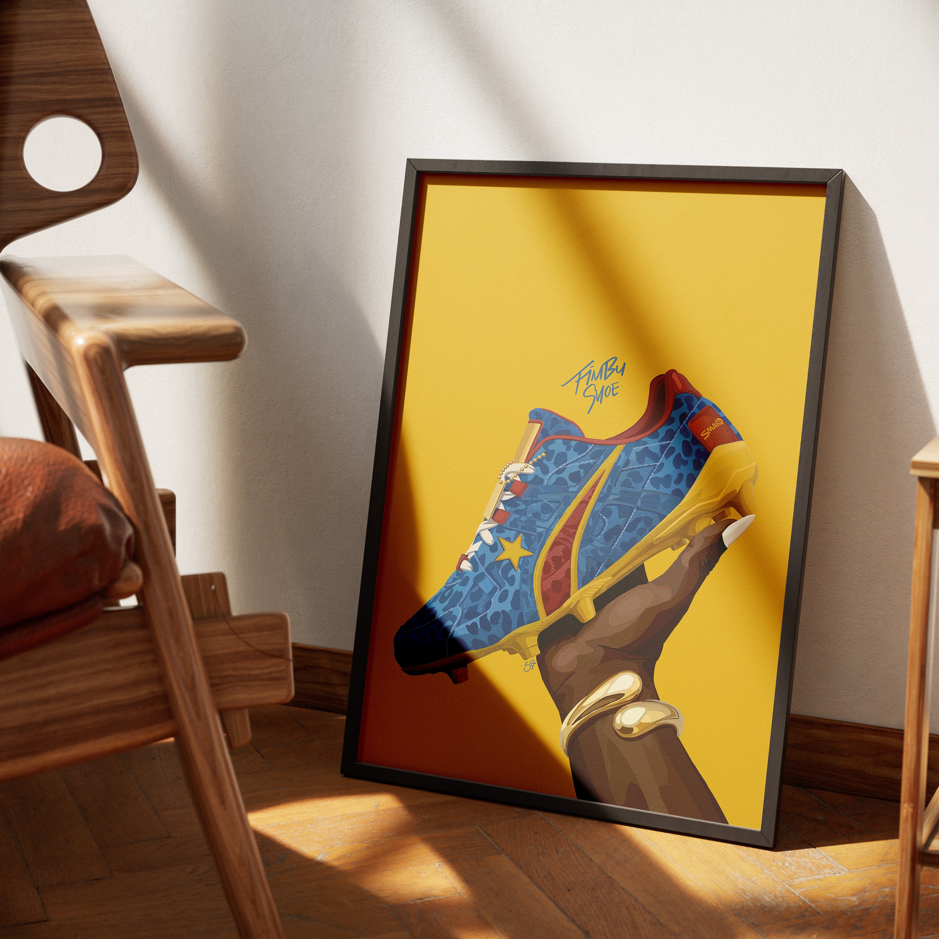 Fimbu Shoe-wall art print featuring decorative artistic design suitable for living rooms, offices, and schools by SmardArt. Elevate your space with Black wall art that speaks to culture, identity, and creativity. At Smard, we celebrate artistry made with melanin, bringing powerful and inspiring designs to life.